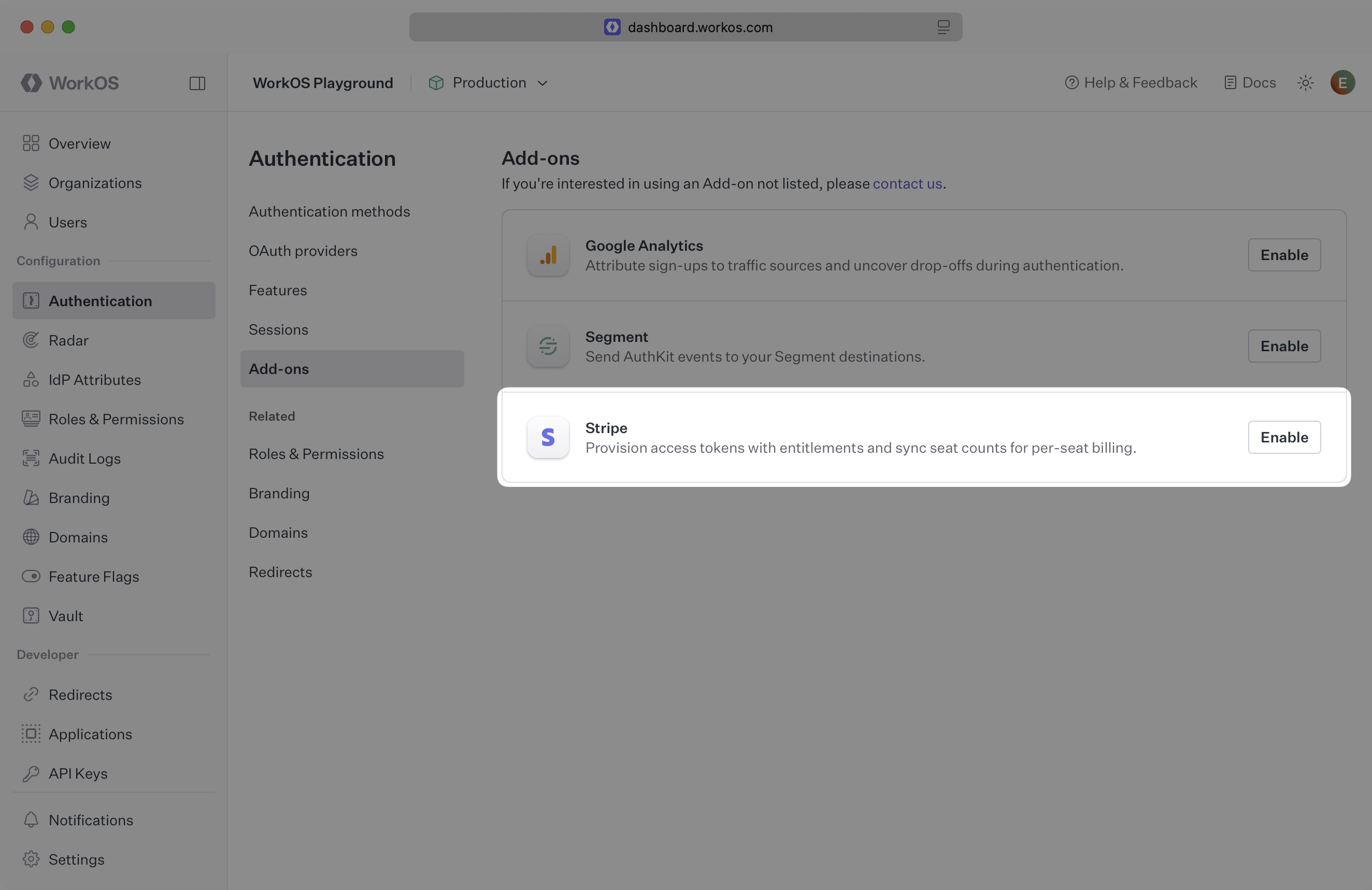 Authentication Add-ons page