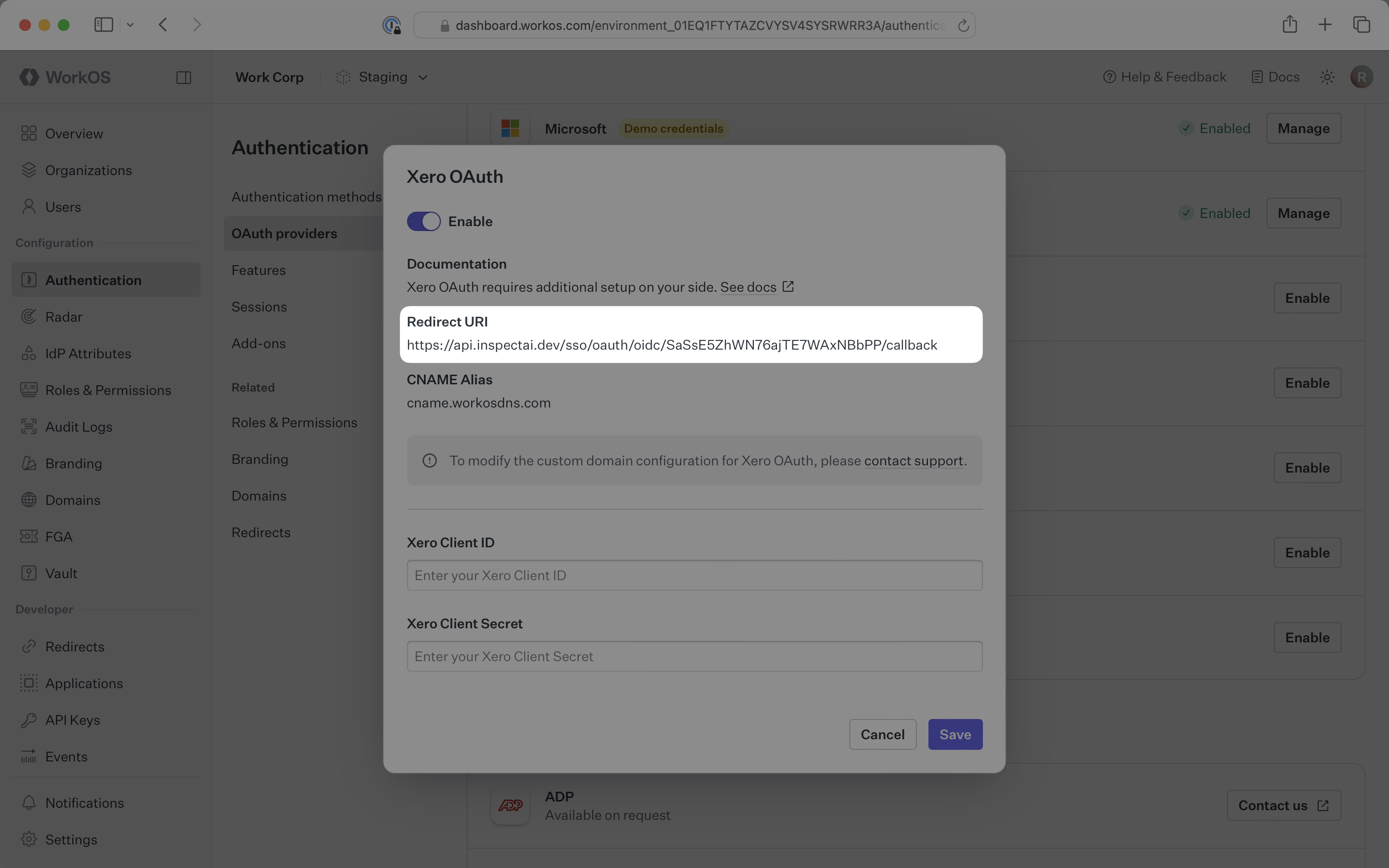 Xero OAuth Redirect URI in the WorkOS Dashboard.