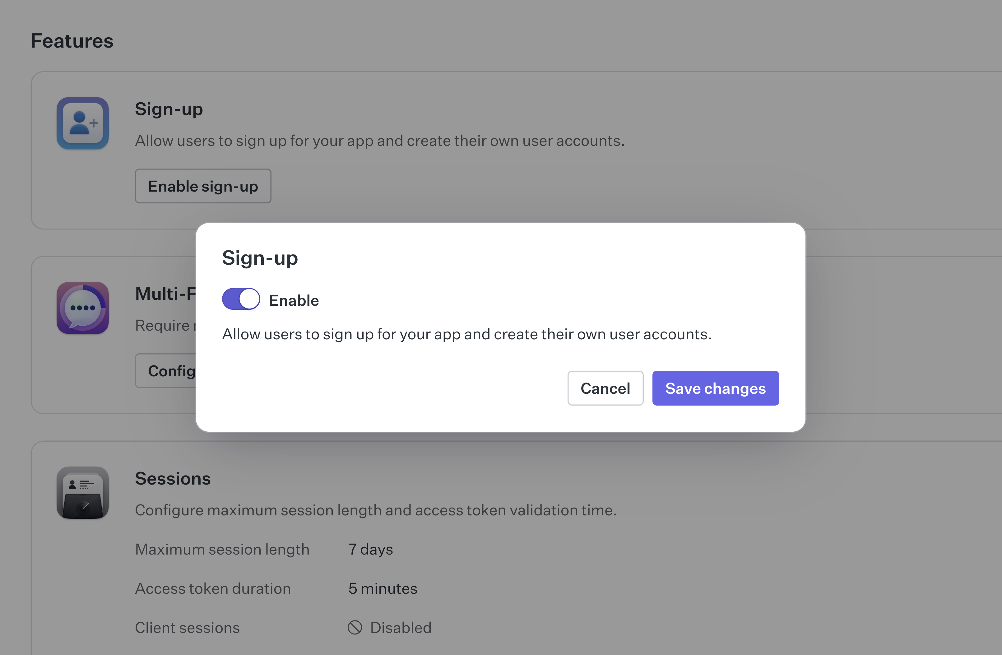 Image of a modal in the WorkOS dashboard to disable sign-ups