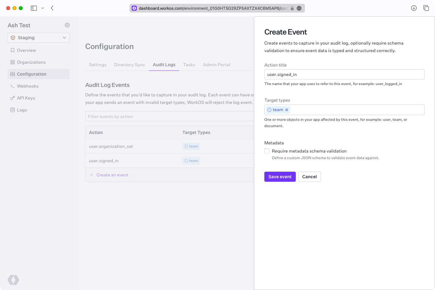 A screenshot showing how to create an audit log event in the WorkOS dashboard.