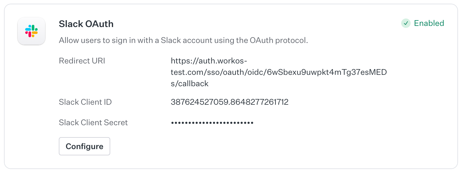 Screenshot of the WorkOS dashboard with the Slack OAuth connection enabled