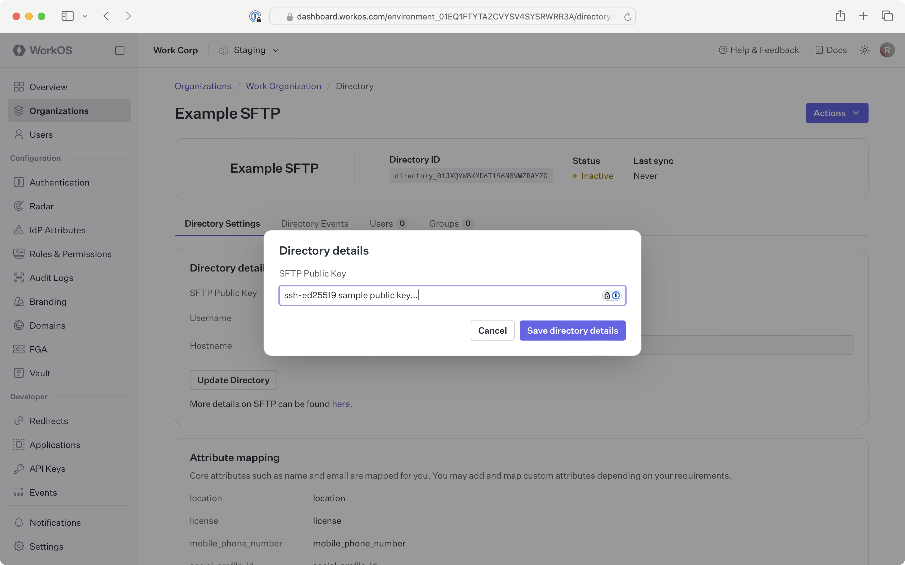A screenshot showing how to update SFTP directory details in the WorkOS Dashboard.