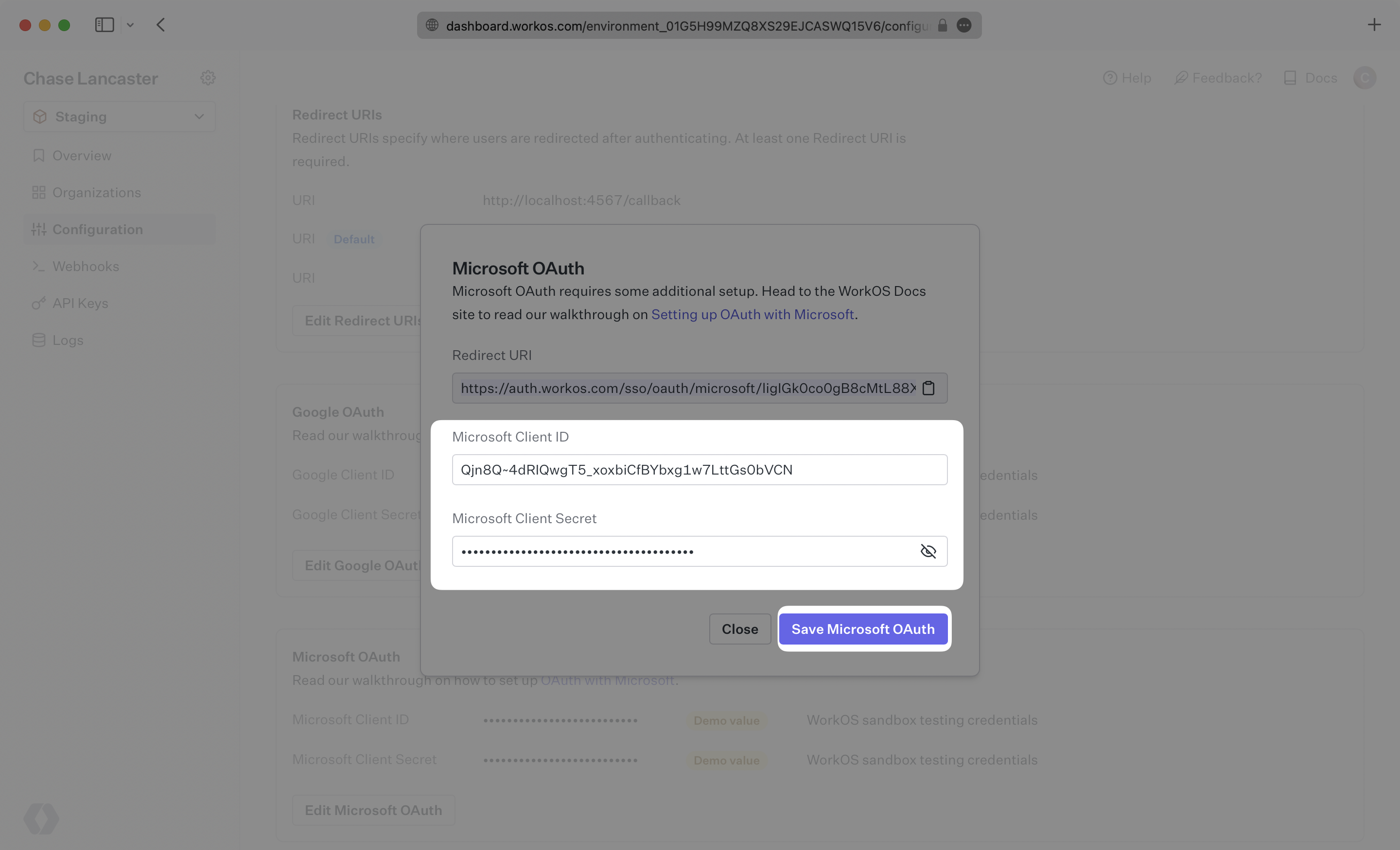 A screenshot showing where to enter Microsoft OAuth client credentials into the WorkOS Dashboard.