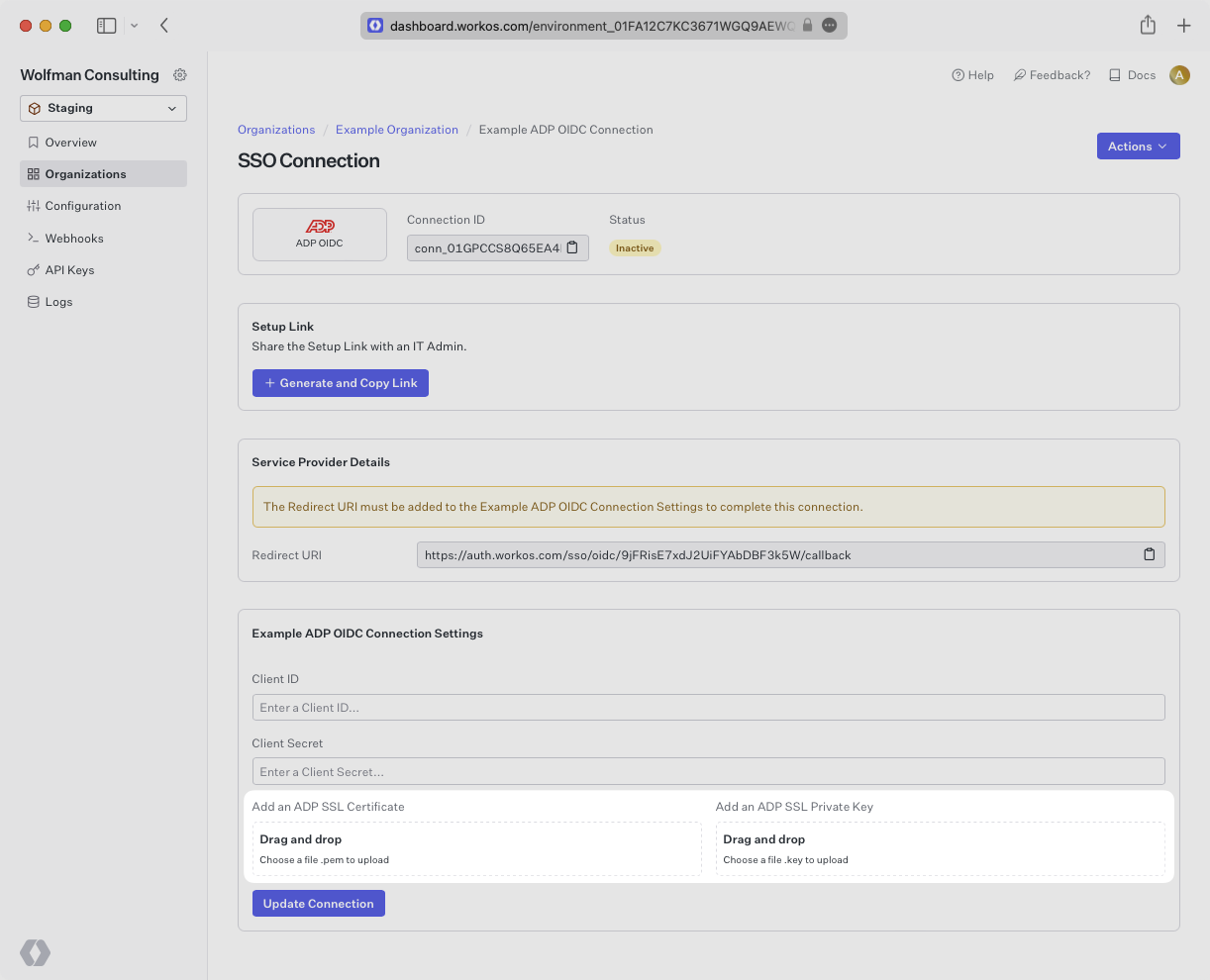 A screenshot showing where to upload the ADP SSL Certificate and Private Key in the WorkOS Dashboard