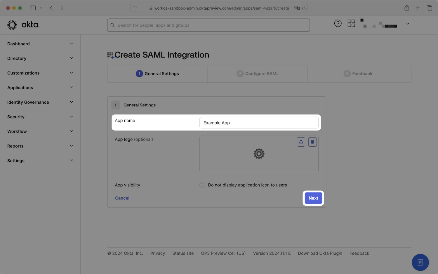 A screenshot showing App name creation in the Okta Dashboard.