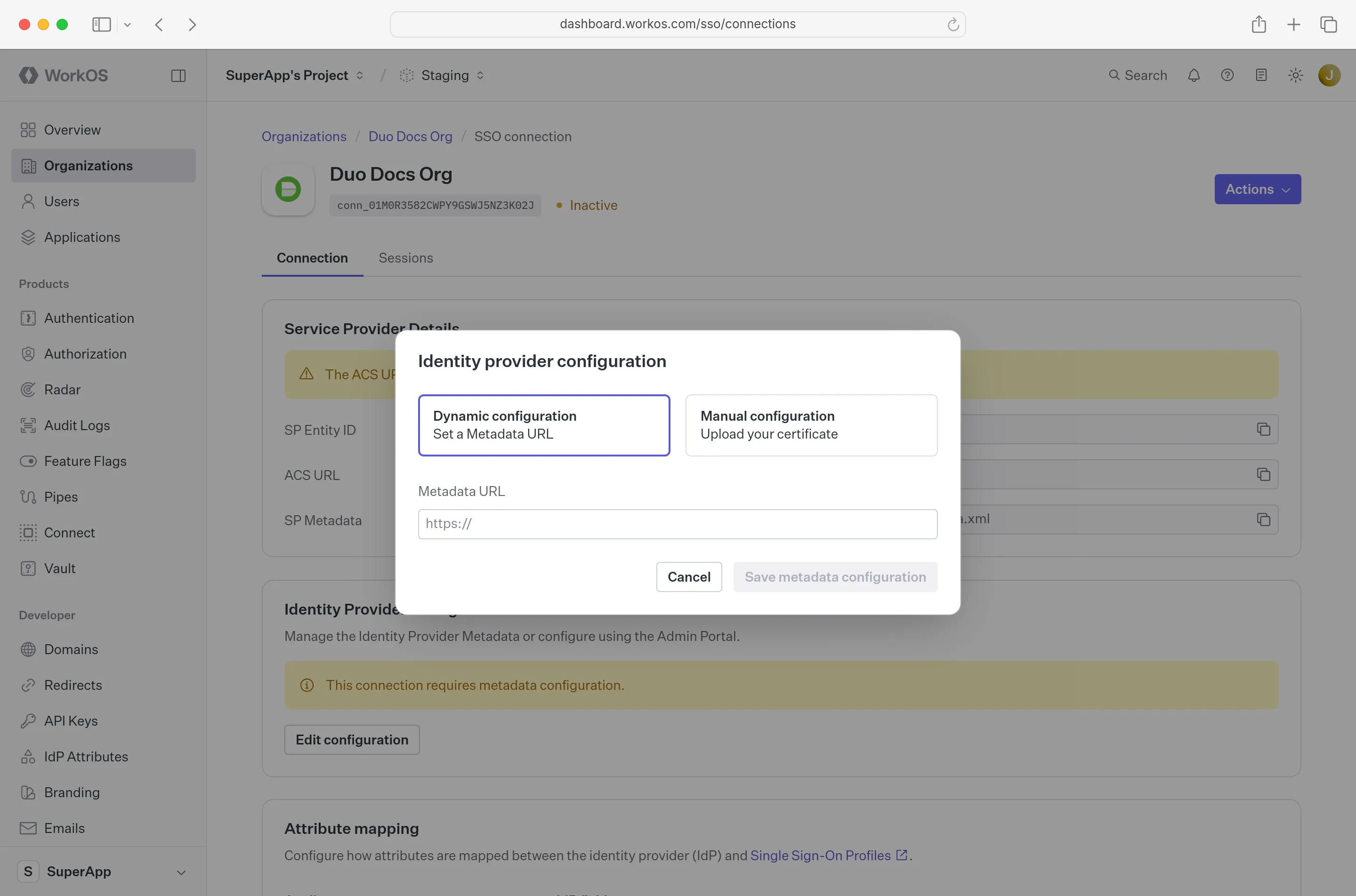 A screenshot showing how to add the IdP metadata in the WorkOS dashboard.