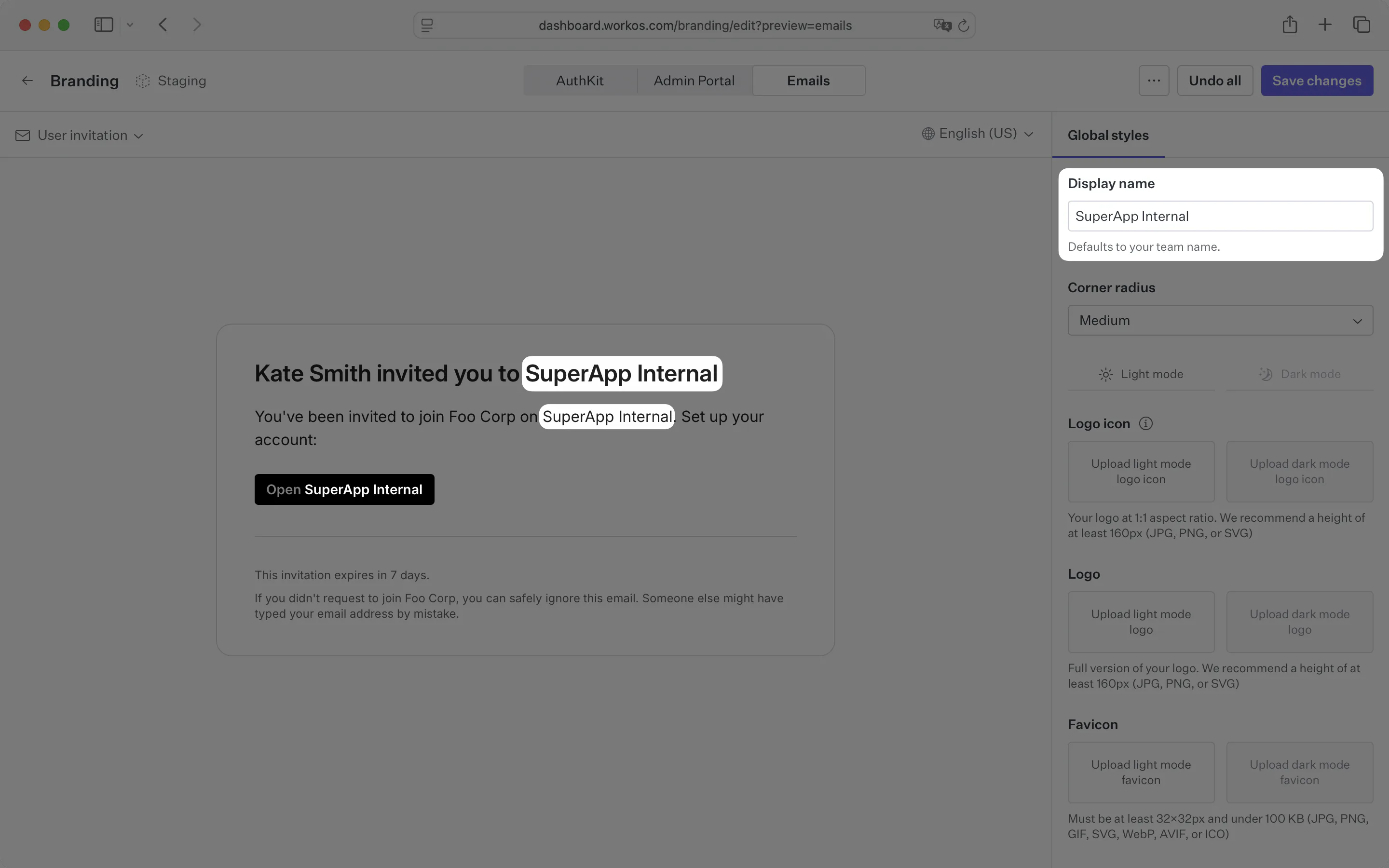 Display name highlighted in the brand editor