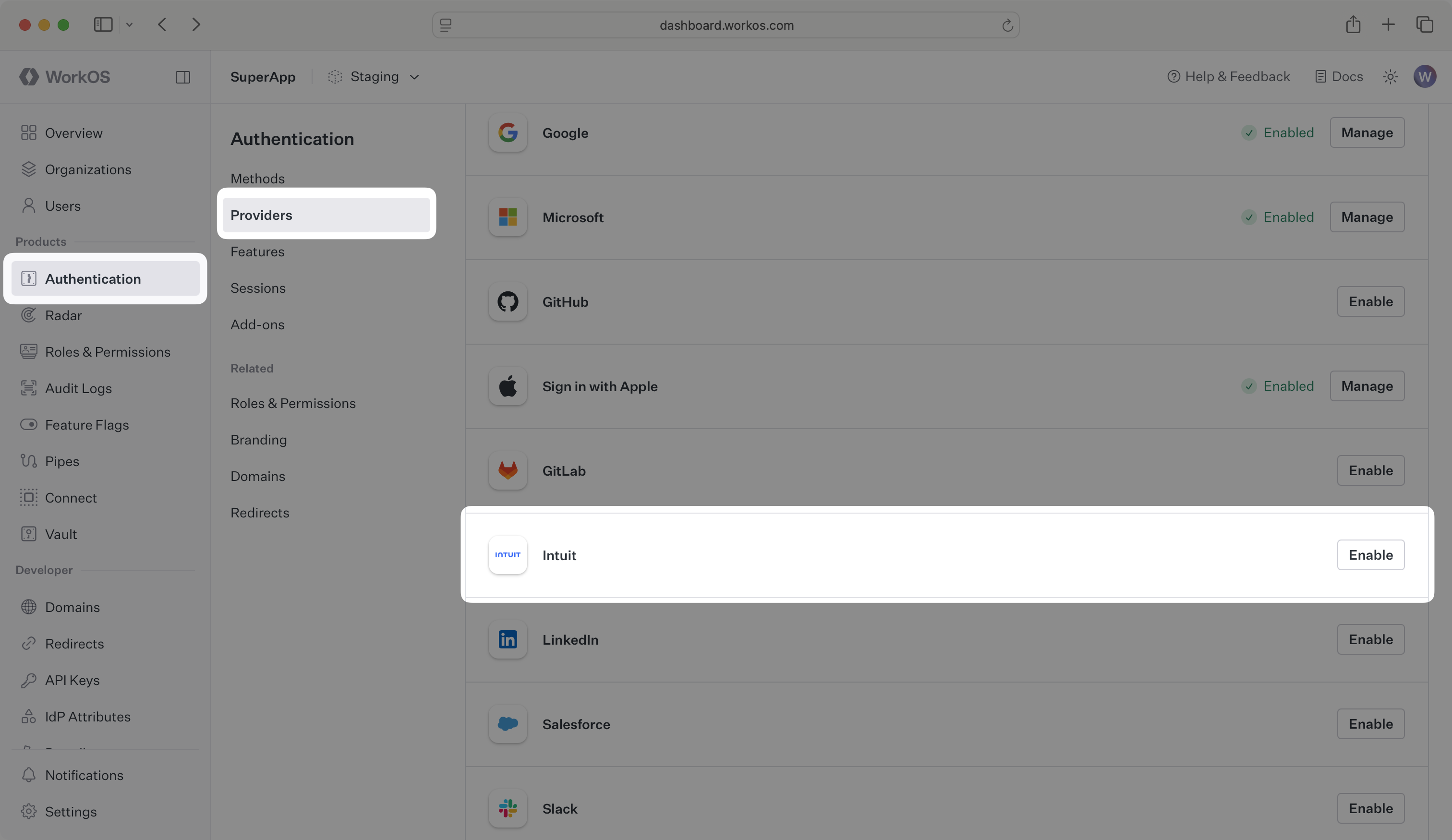 The Intuit OAuth section in the WorkOS Dashboard