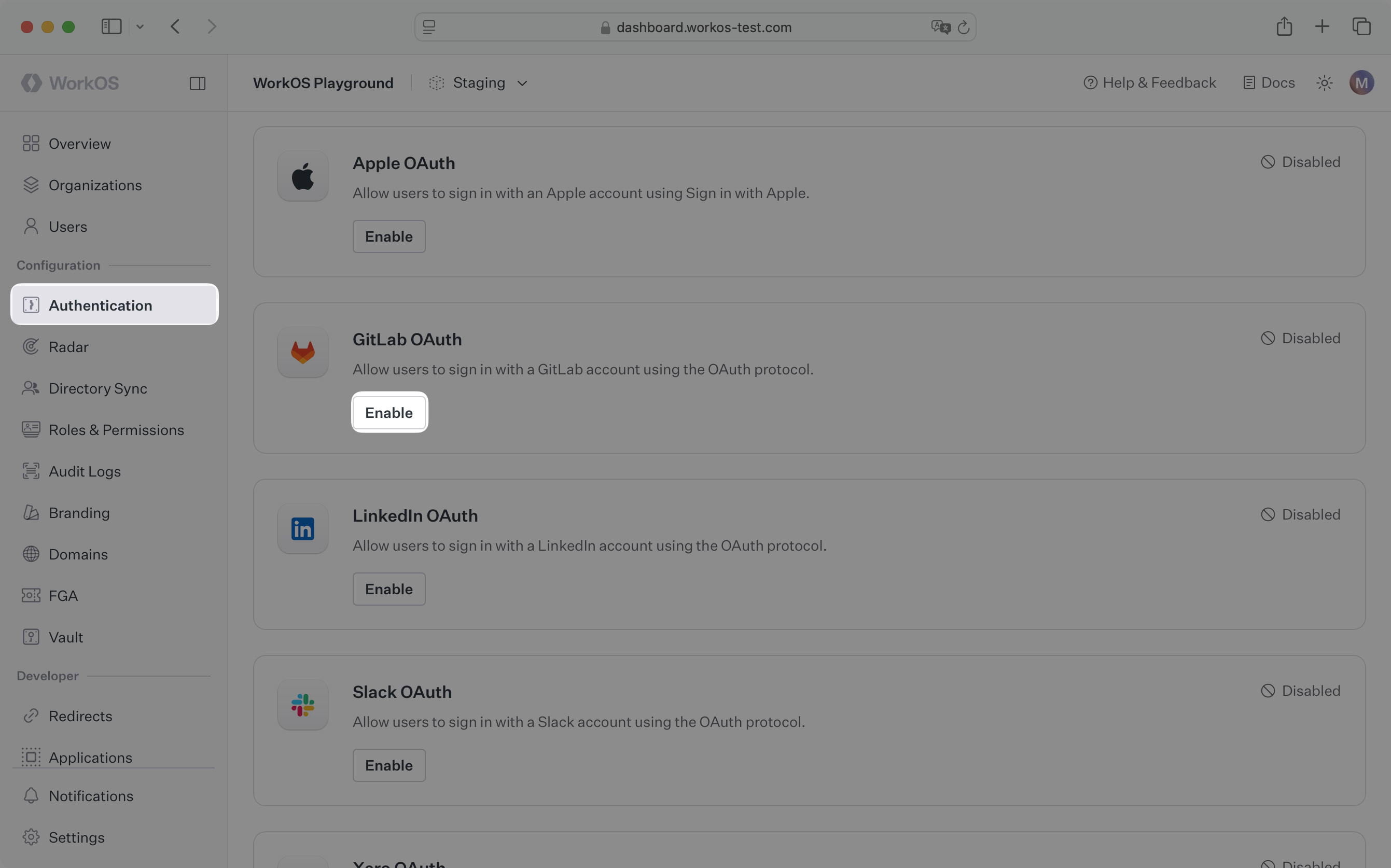 A screenshot showing the GitLab OAuth section in the WorkOS Dashboard.