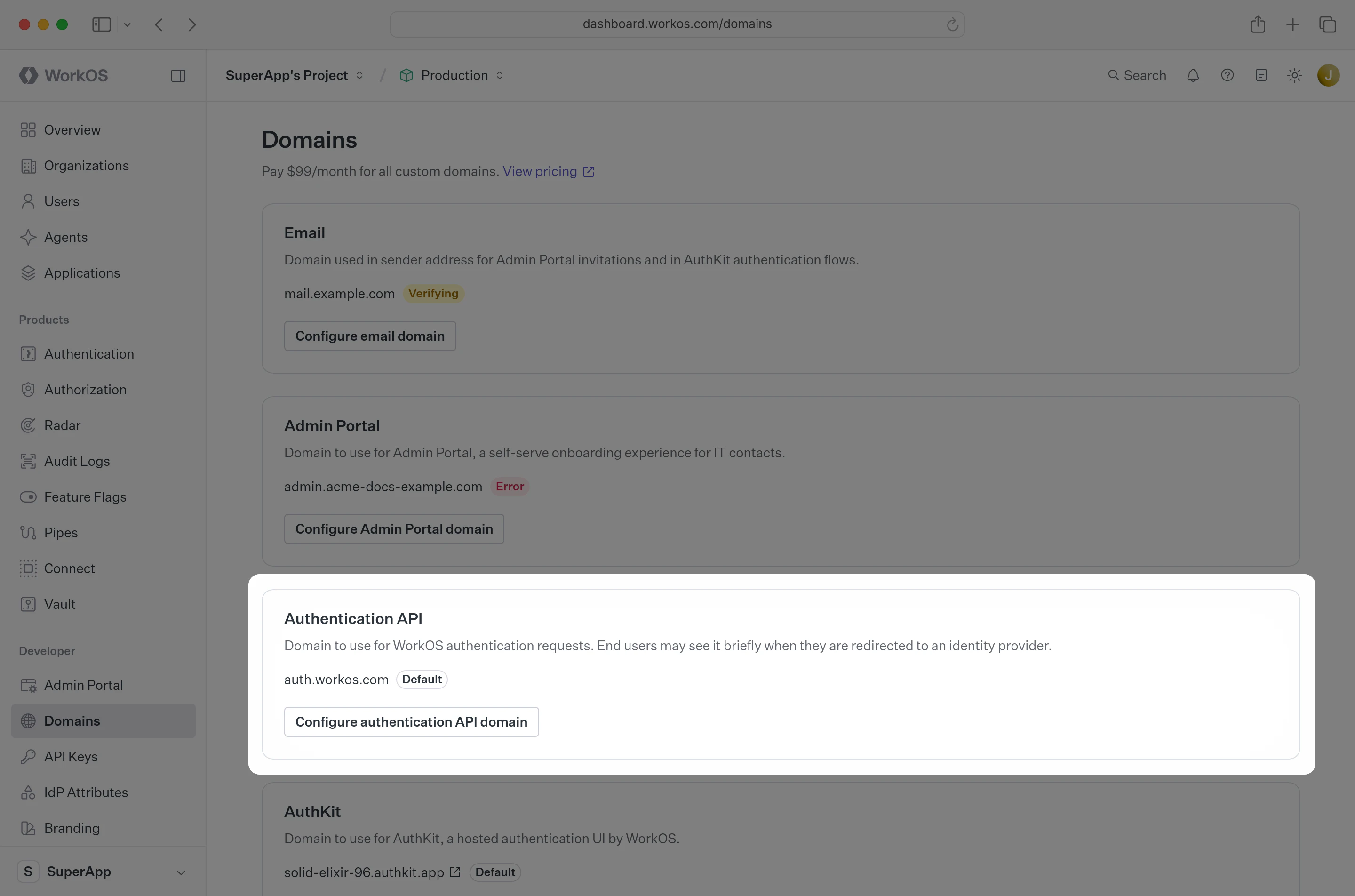 Dashboard displaying domain configuration settings