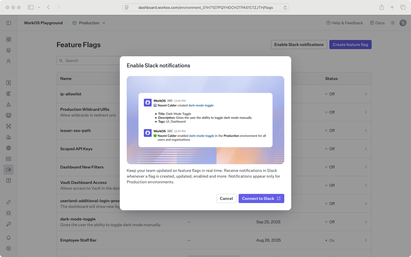 A screenshot showing the WorkOS Dashboard Slack notifications dialog when no connection exists