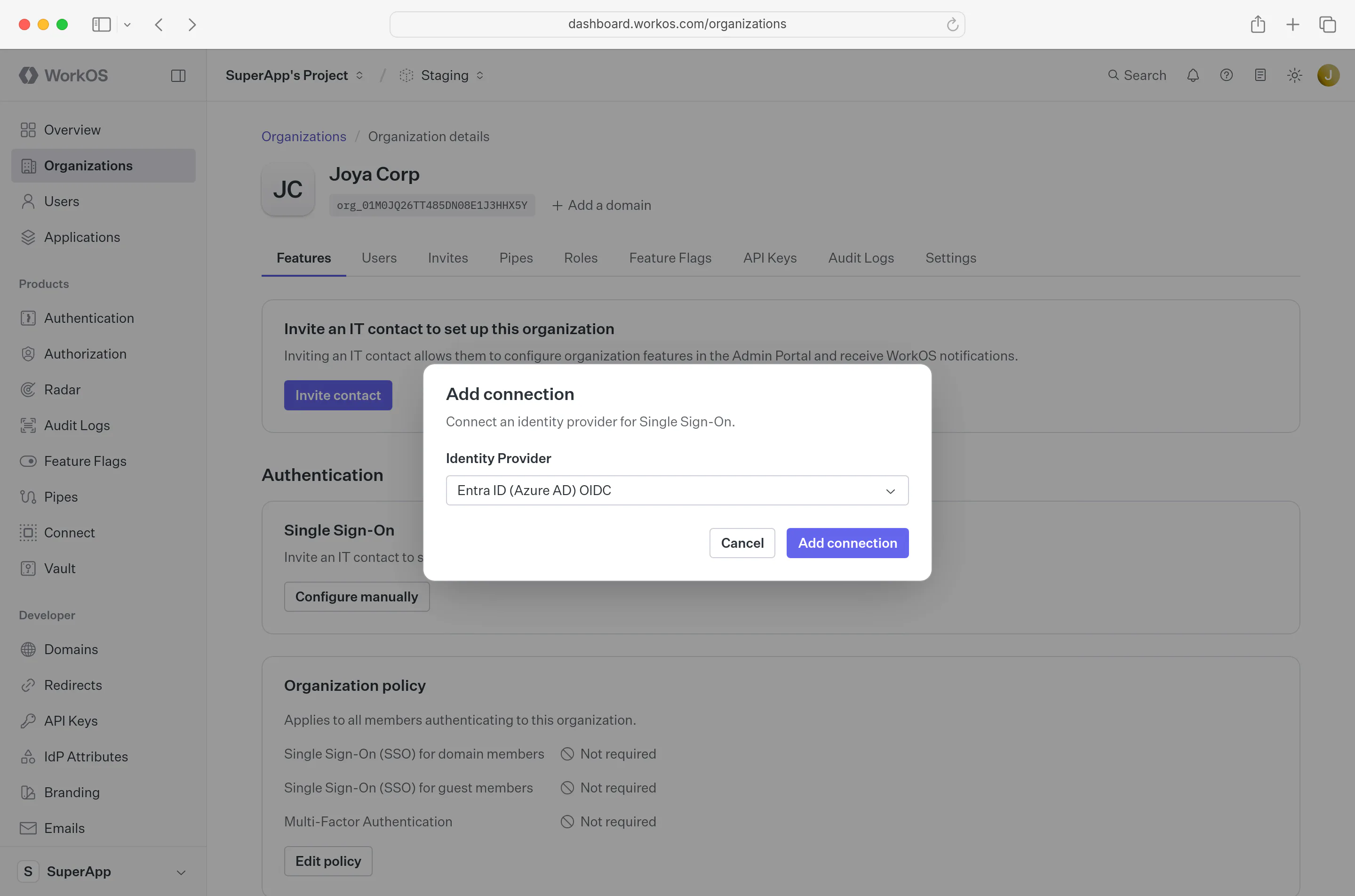 Create Connection form with Entra ID (Azure AD) OIDC selected as Identity Provider