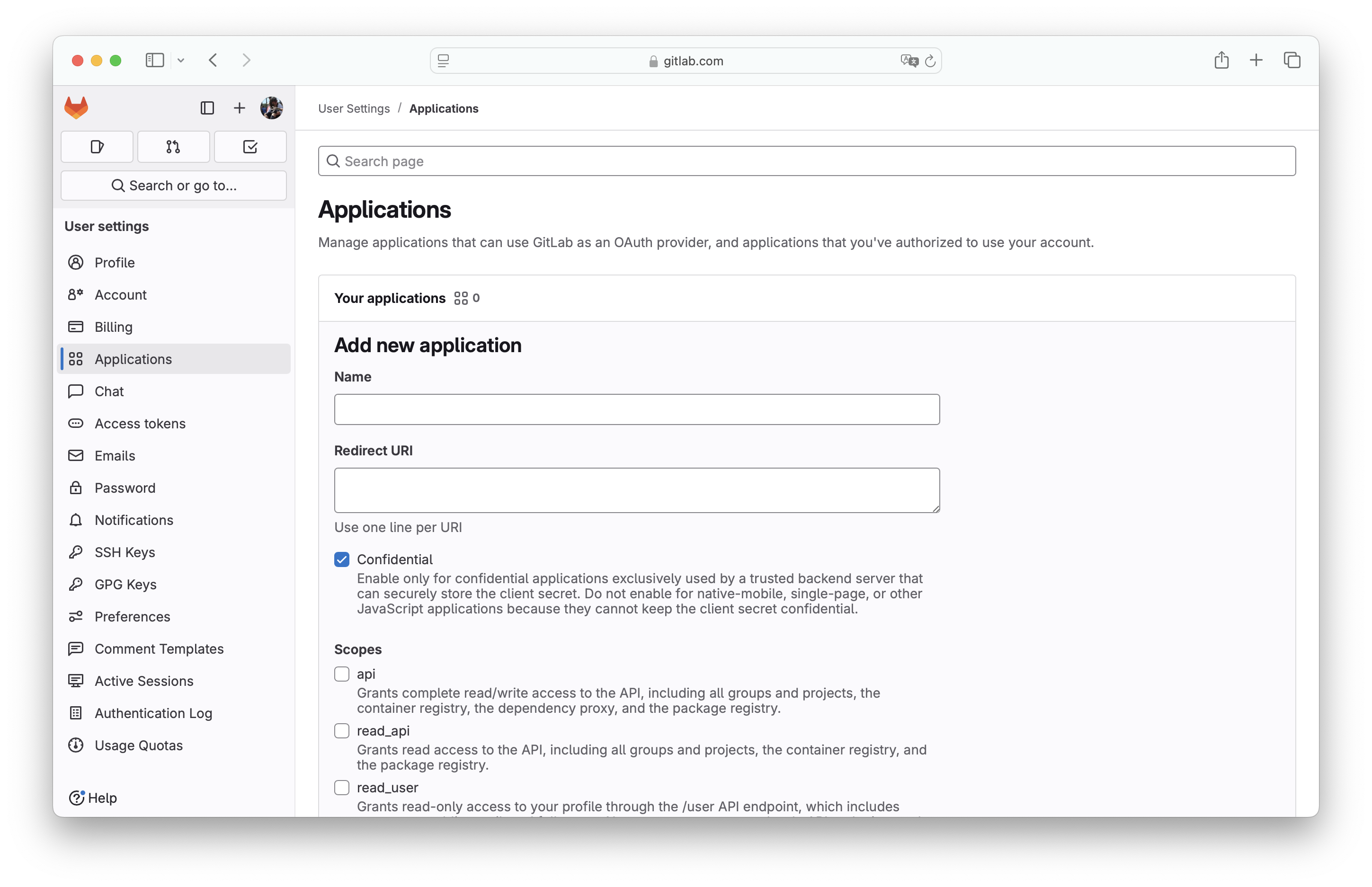 GitLab form to create a new OAuth application.