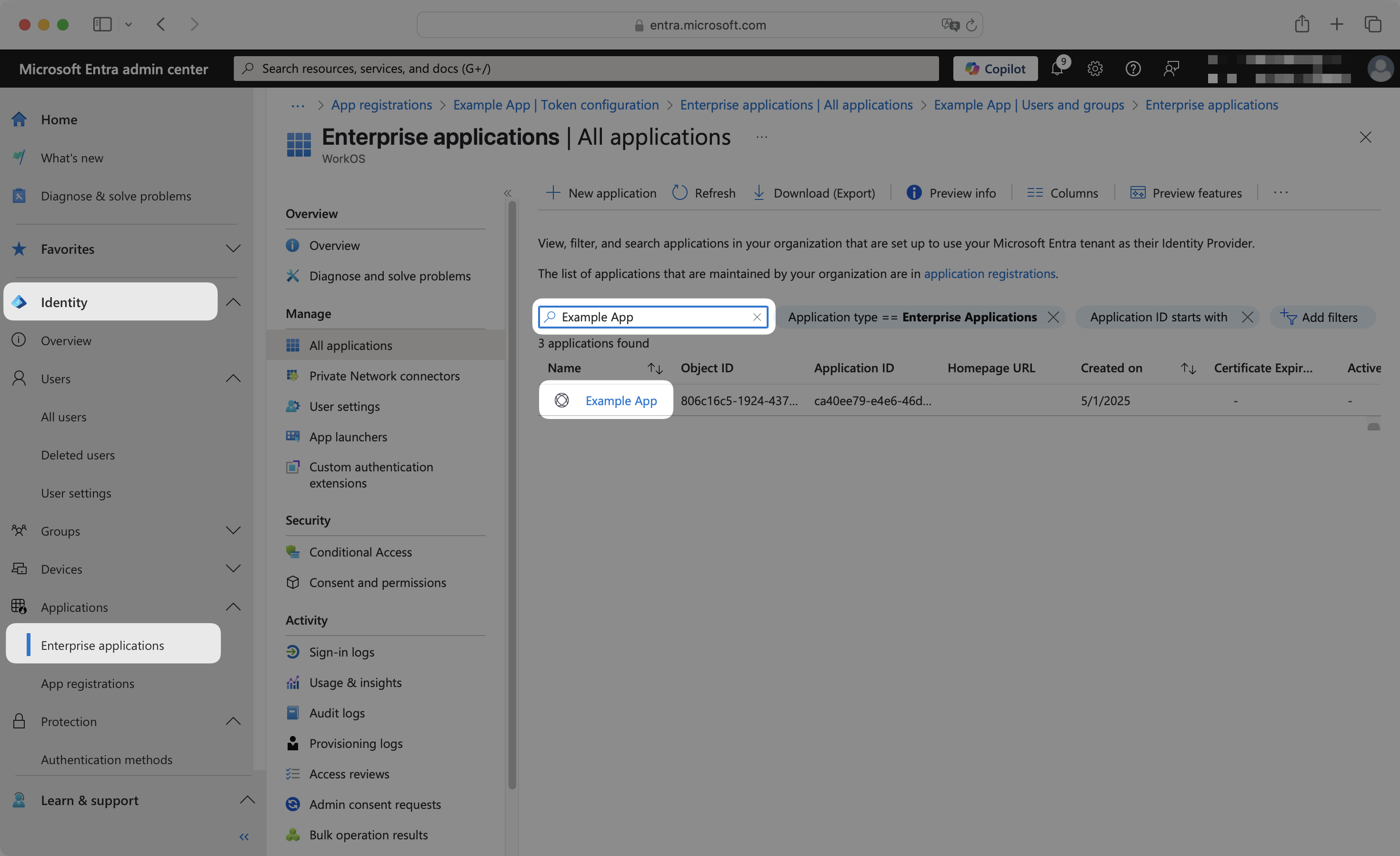 Enterprise applications search interface with application list