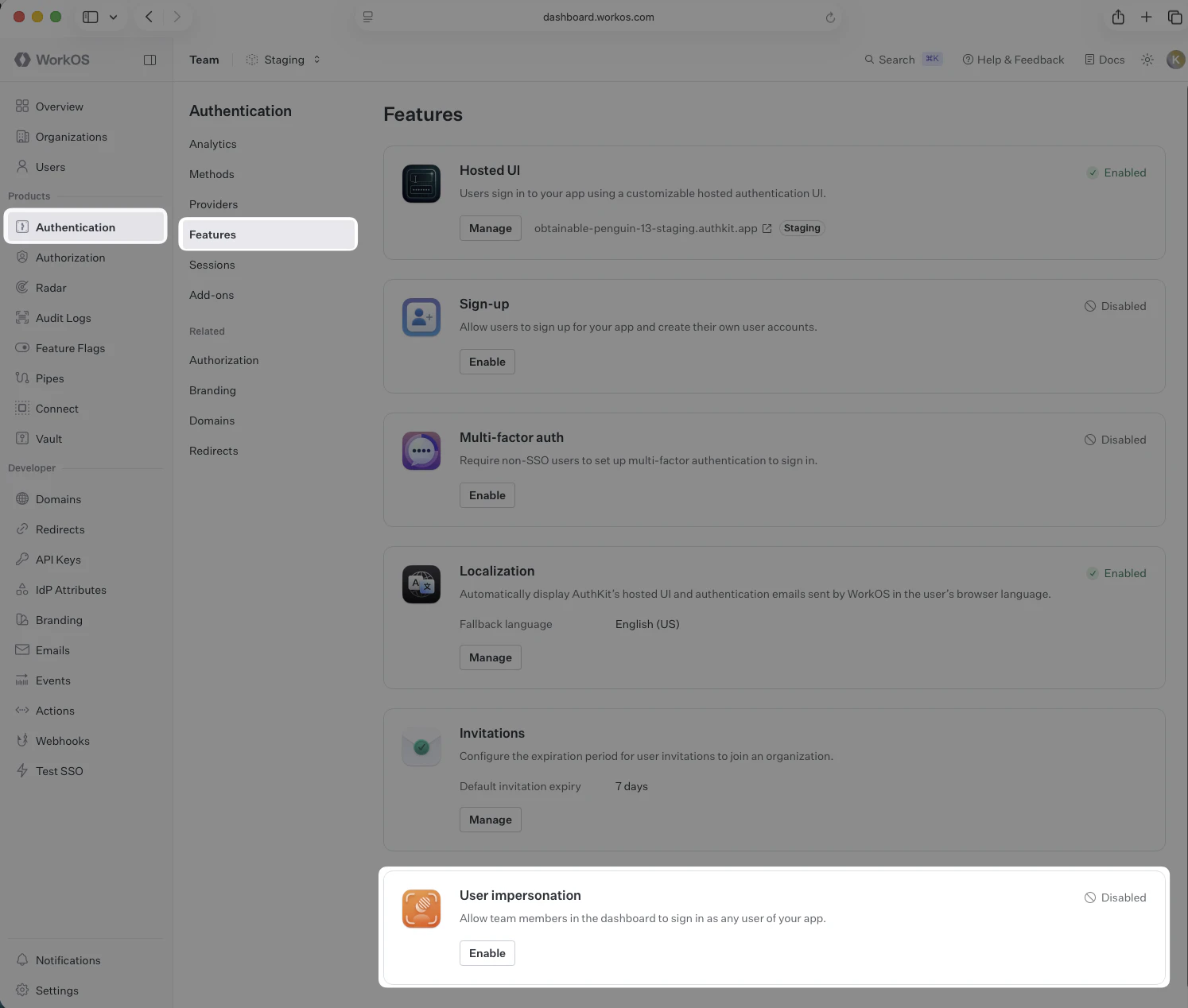 A screenshot showing the WorkOS Dashboard configuration card for impersonation