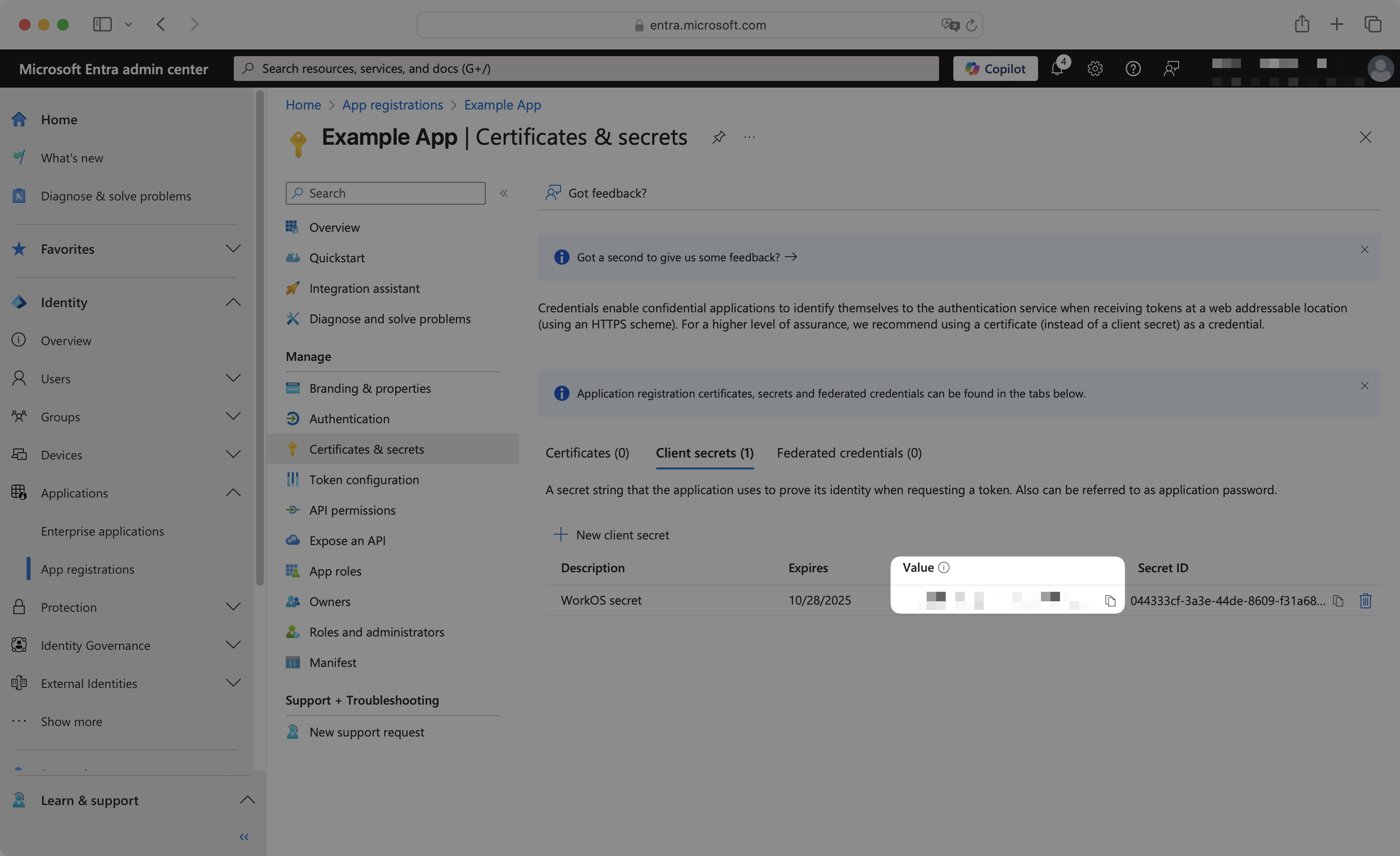 Client secret creation form with description field and generated secret value