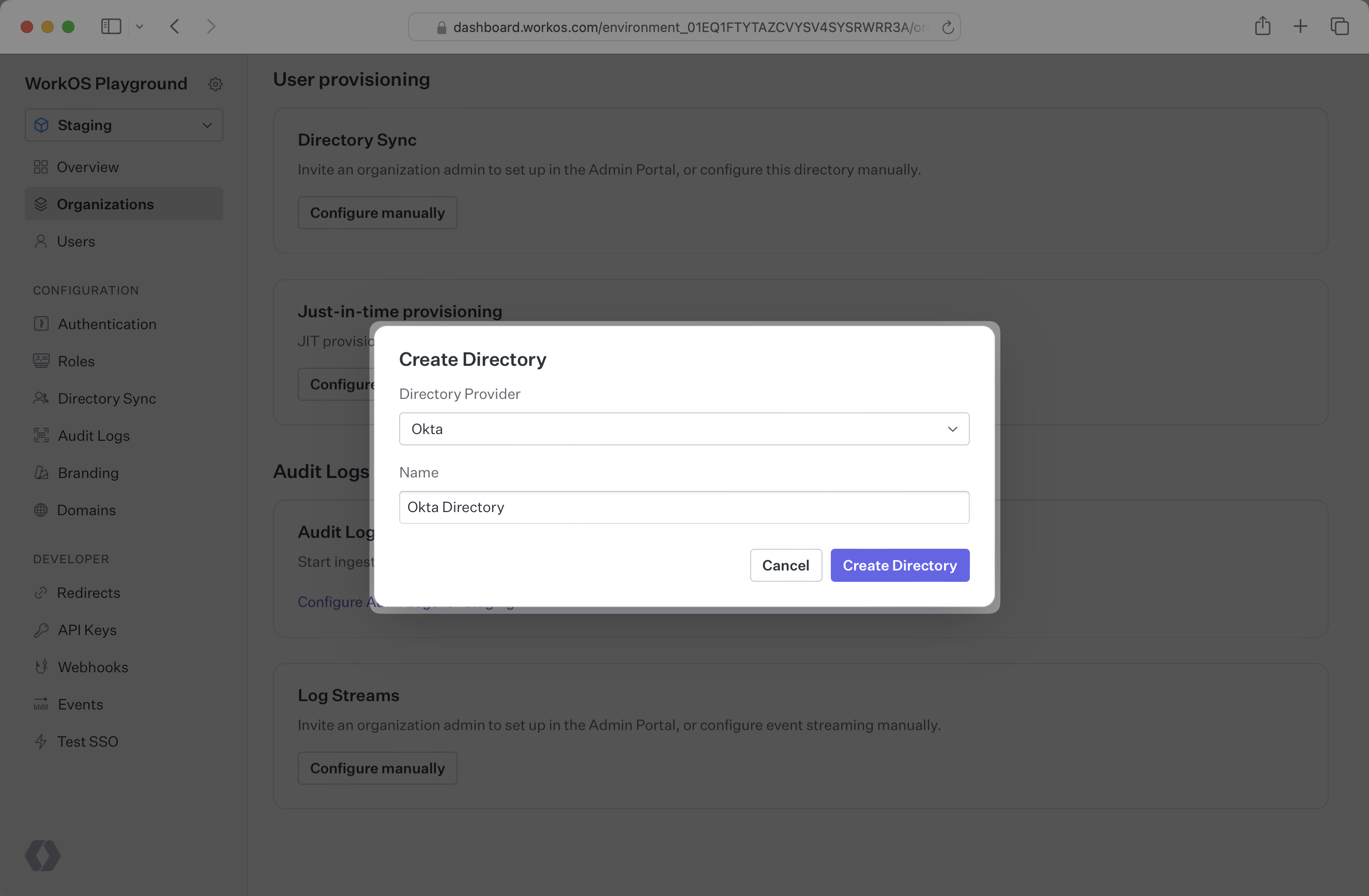 A screenshot showing where to name and create an Okta directory in the WorkOS dashboard.