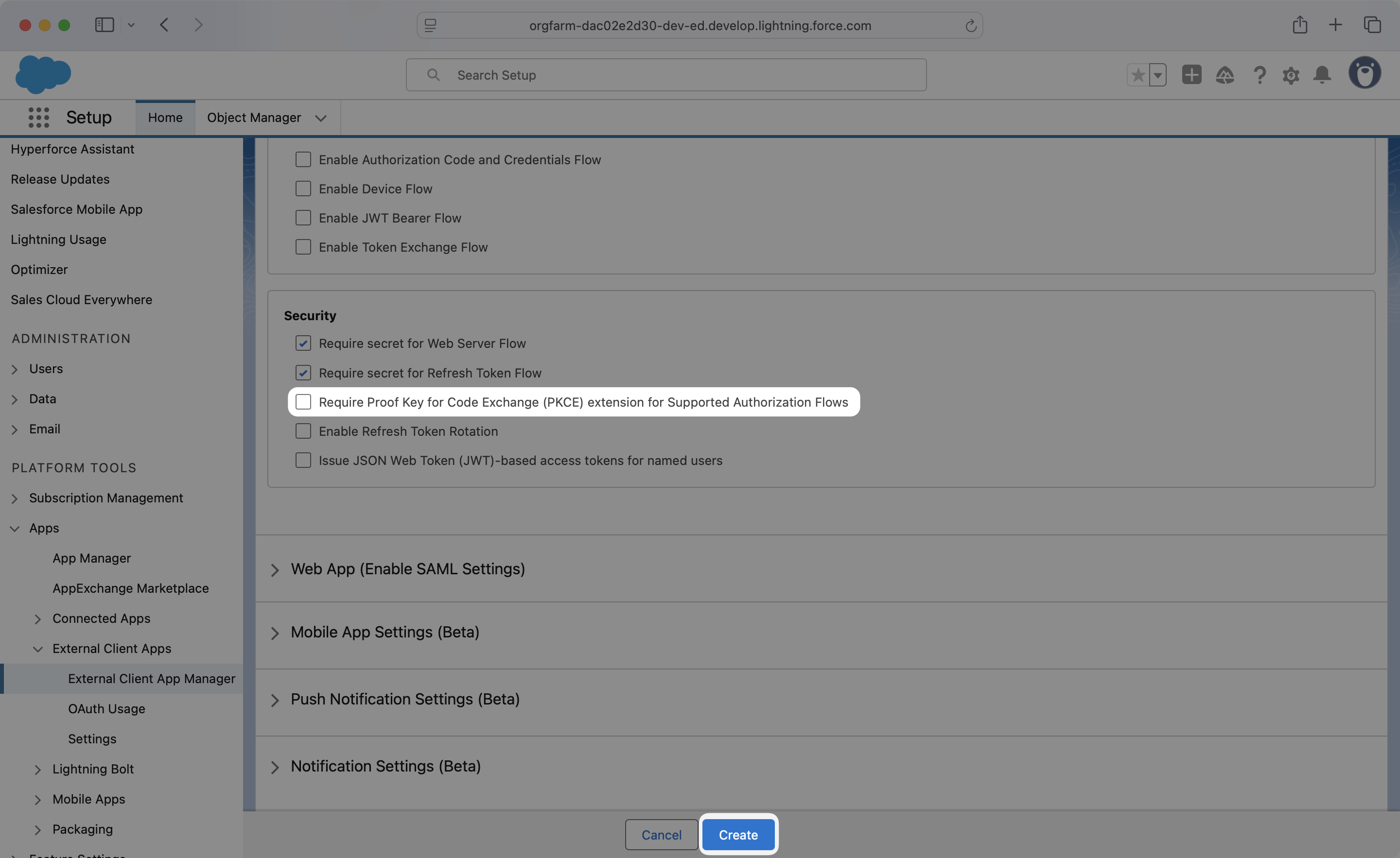 The option to disable the PCKE requirement for a Salesforce External Client App