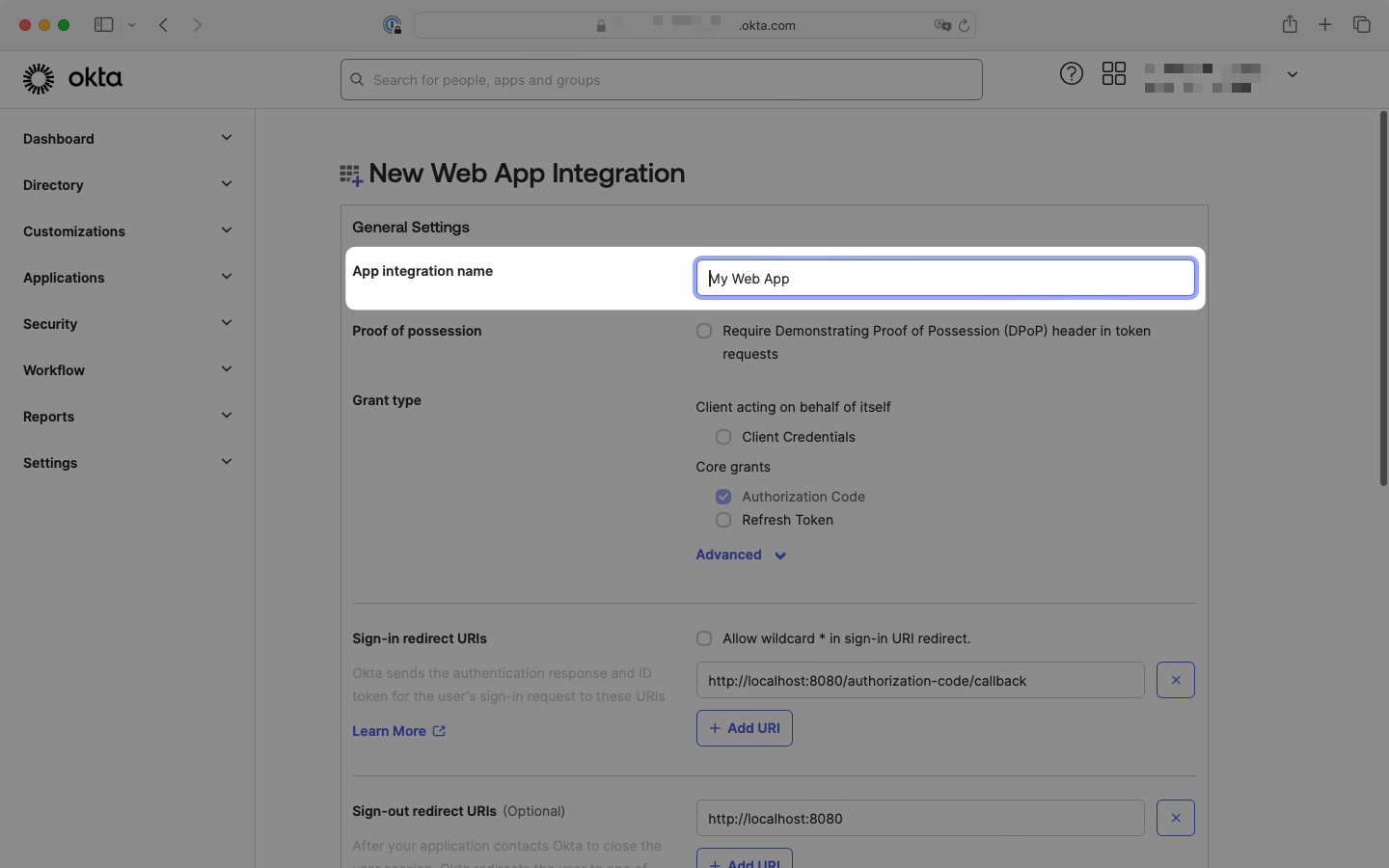 OIDC app configuration form with app name field and sign-in redirect URI section