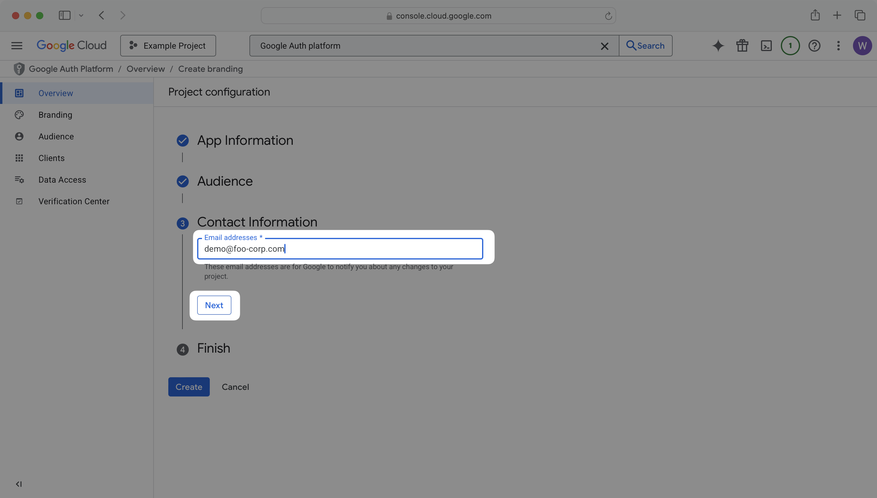 OAuth app information screen with contact information field highlighted and demo@foo-corp.com email filled in, next button is highlighted