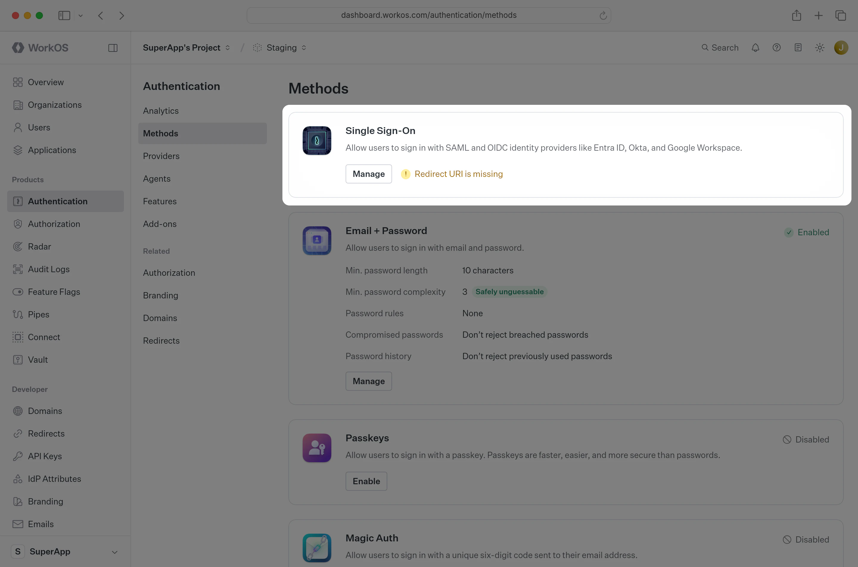 Dashboard demonstrating how to enable Single Sign-On