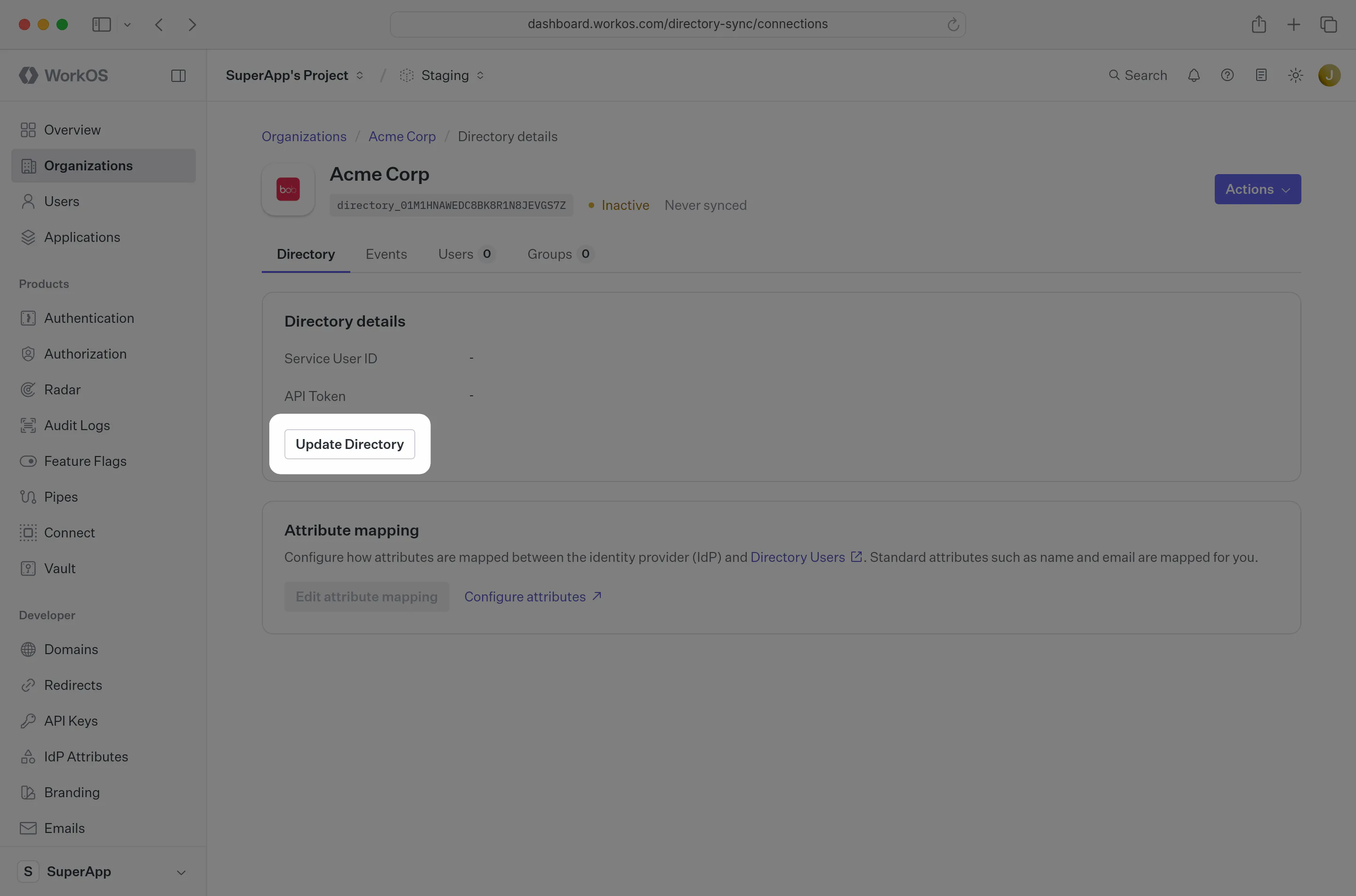 A screenshot highlighting the “Update Directory” button in a HiBob directory in the WorkOS Dashboard.