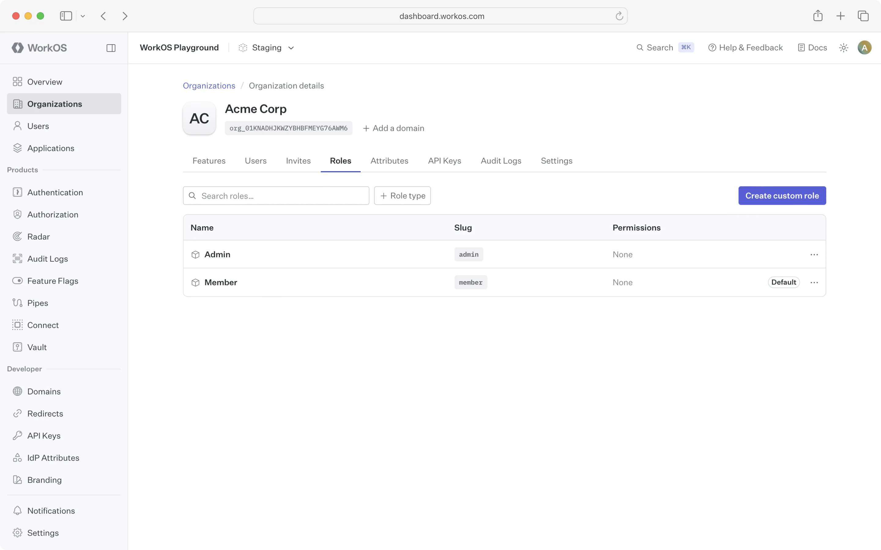 Roles tab for organization