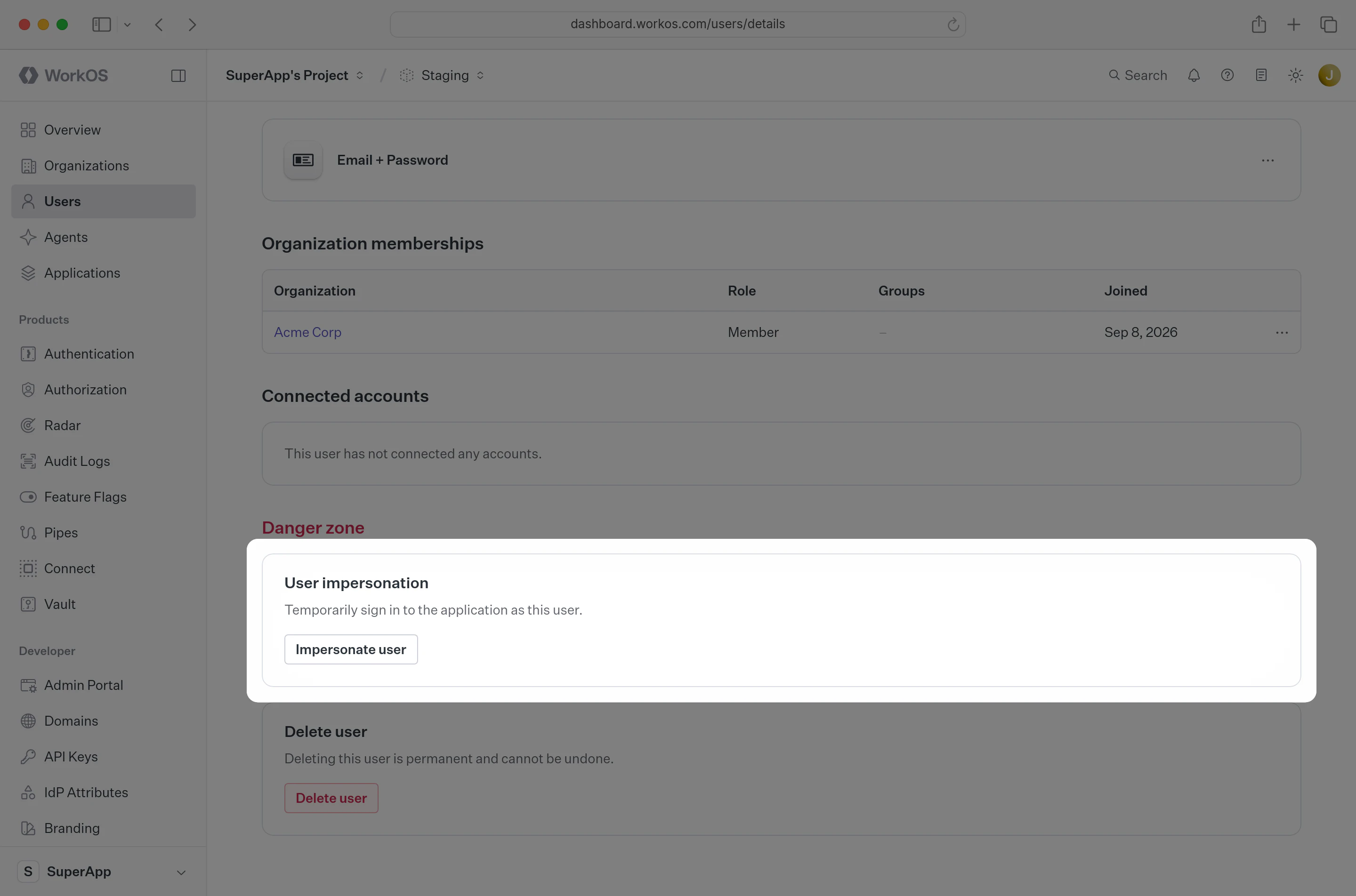 A screenshot of the User details page in the WorkOS Dashboard