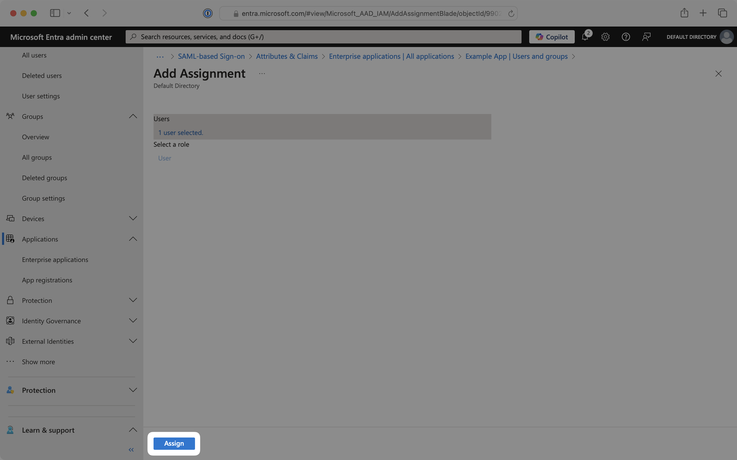 Add assignment page with Assign button highlighted