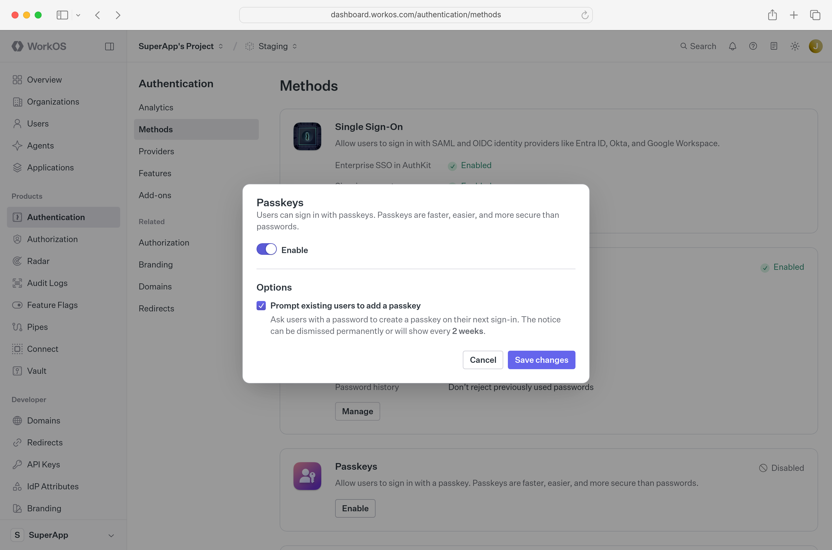 The WorkOS Dashboard displaying the configuration dialog for passkeys