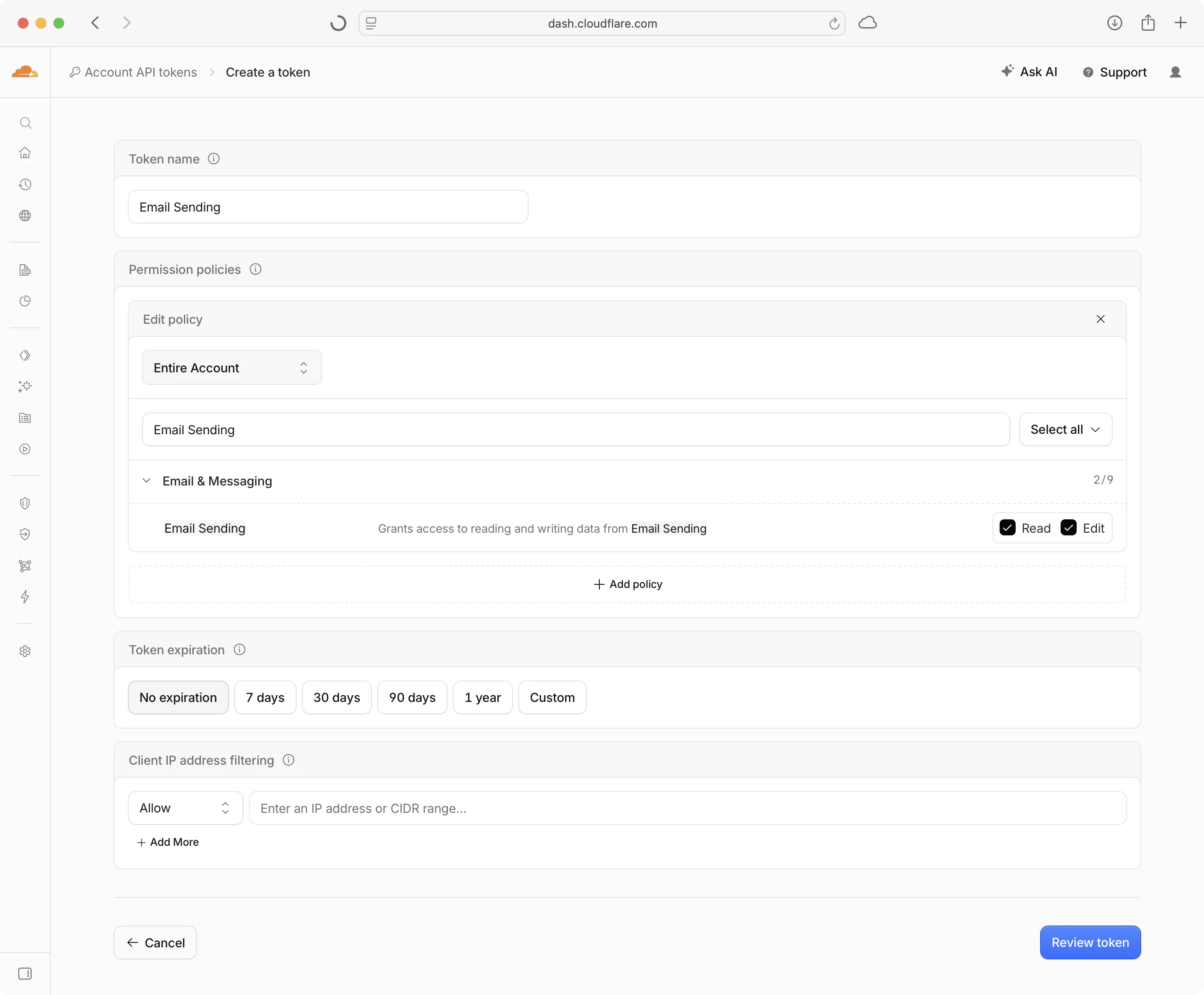 A screenshot showing creating a Cloudflare API token with Email Sending permissions