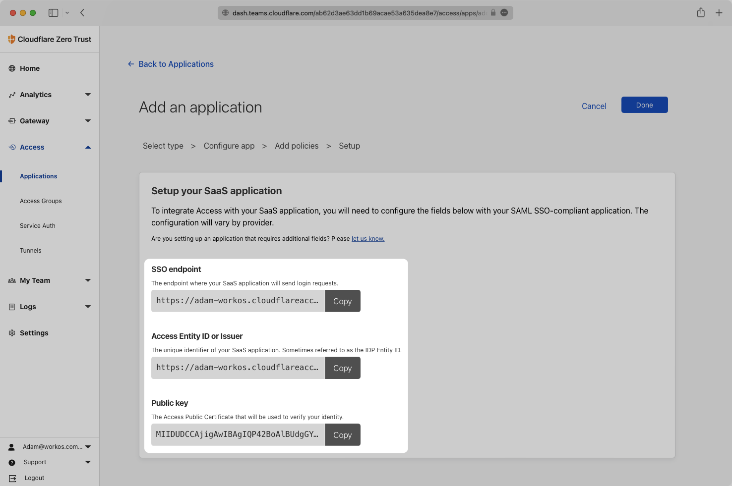 A screenshot showing where to copy the connection credentials from the Cloudflare dashboard.