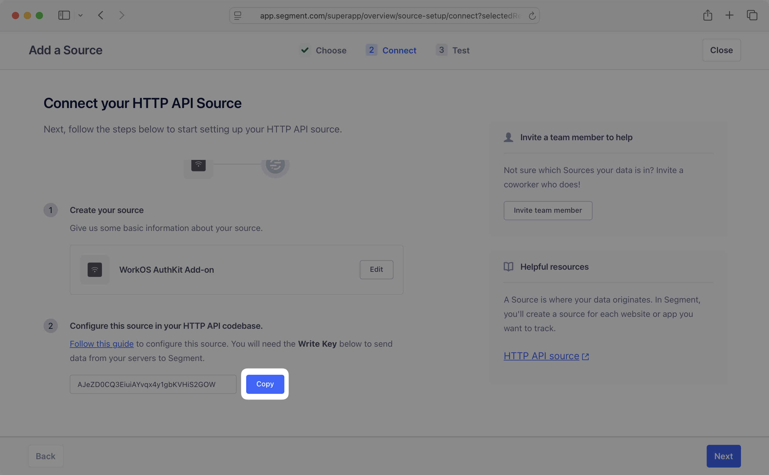 Copy button next to a new Write Key for an HTTP API source in Segment