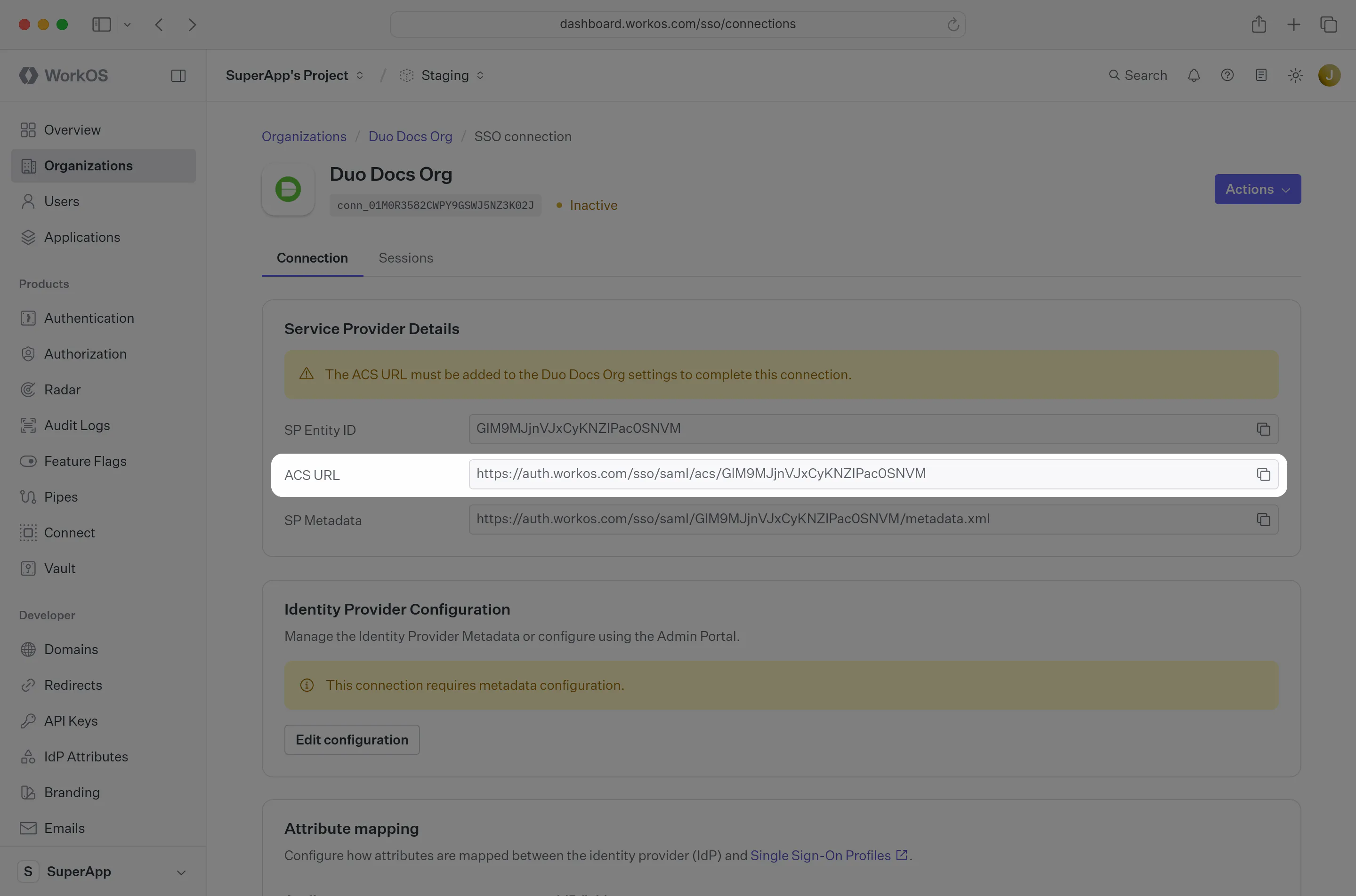 A screenshot highlighting the ACS URL in the WorkOS dashboard.