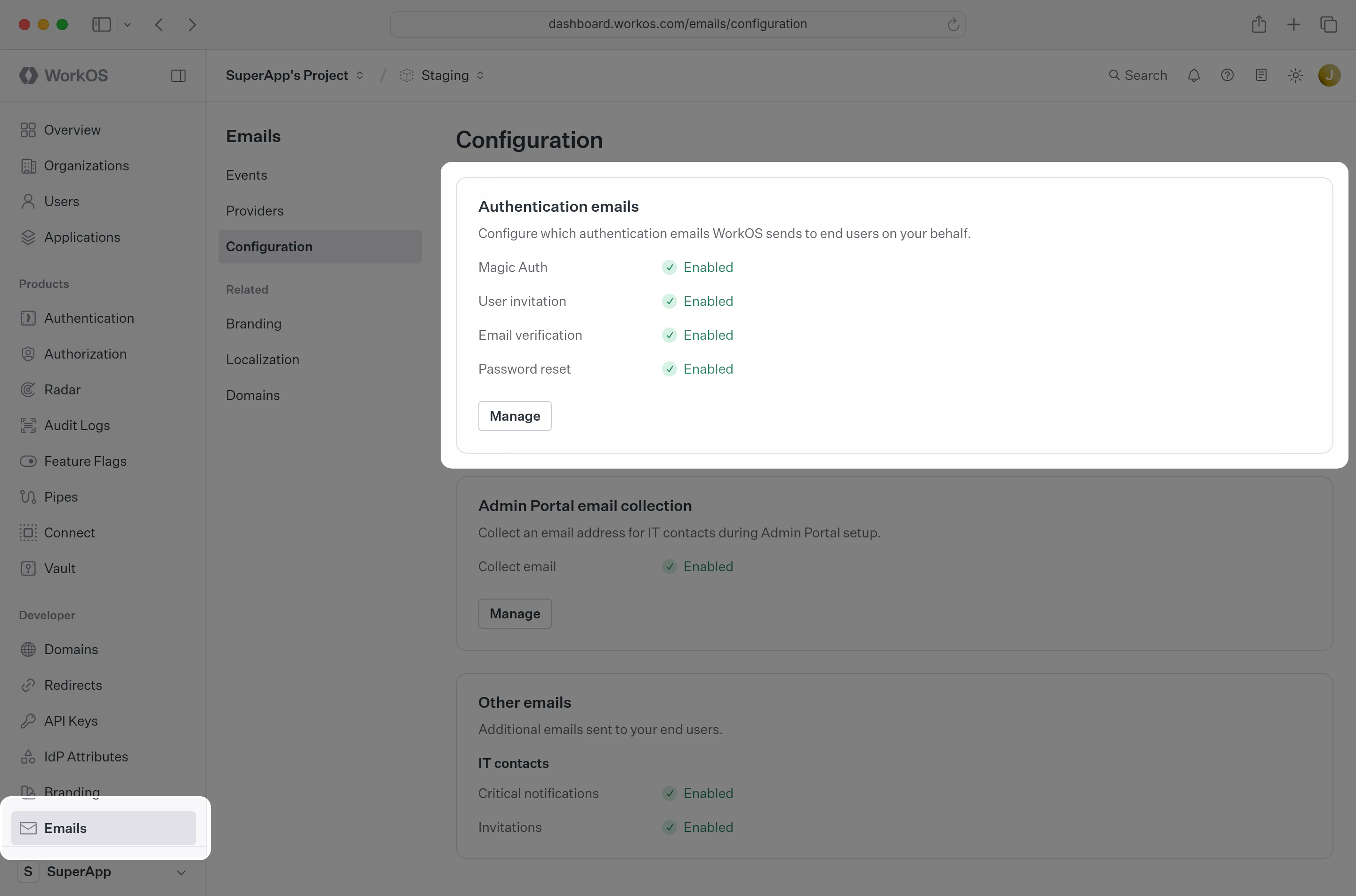 A screenshot showing the WorkOS Dashboard configuration card for emails