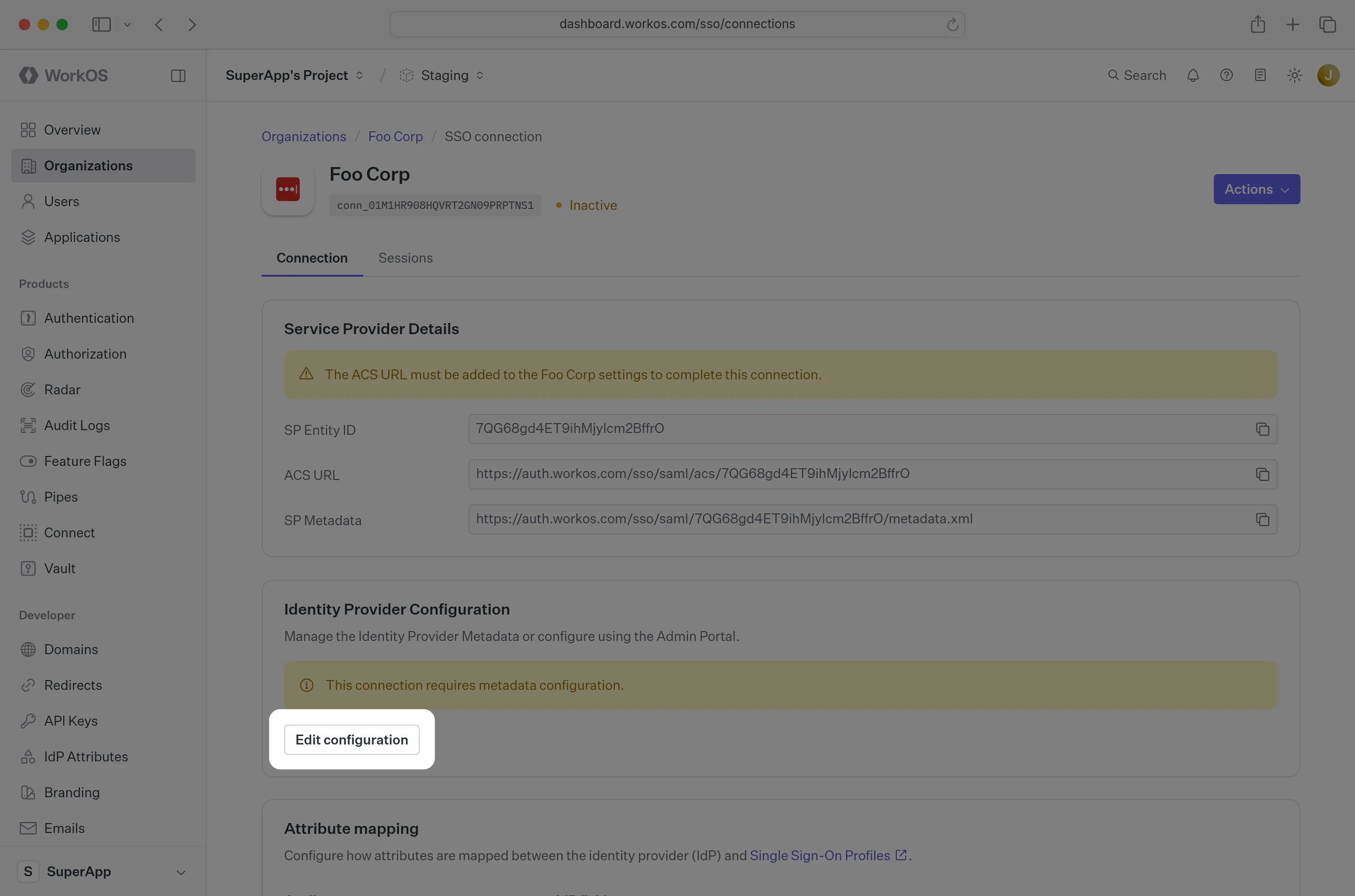 A screenshot showing where to edit Metadata Configuration in WorkOS Dashboard.