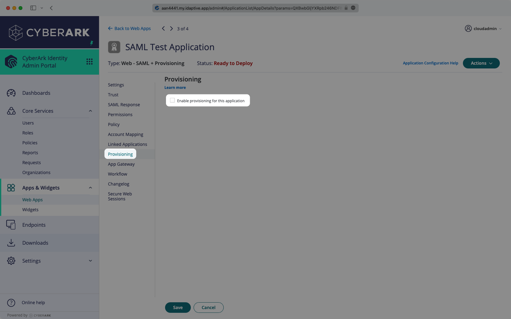 A screenshot showing where to enable the "Enable provisioning for this application" setting in the CyberArk dashboard.