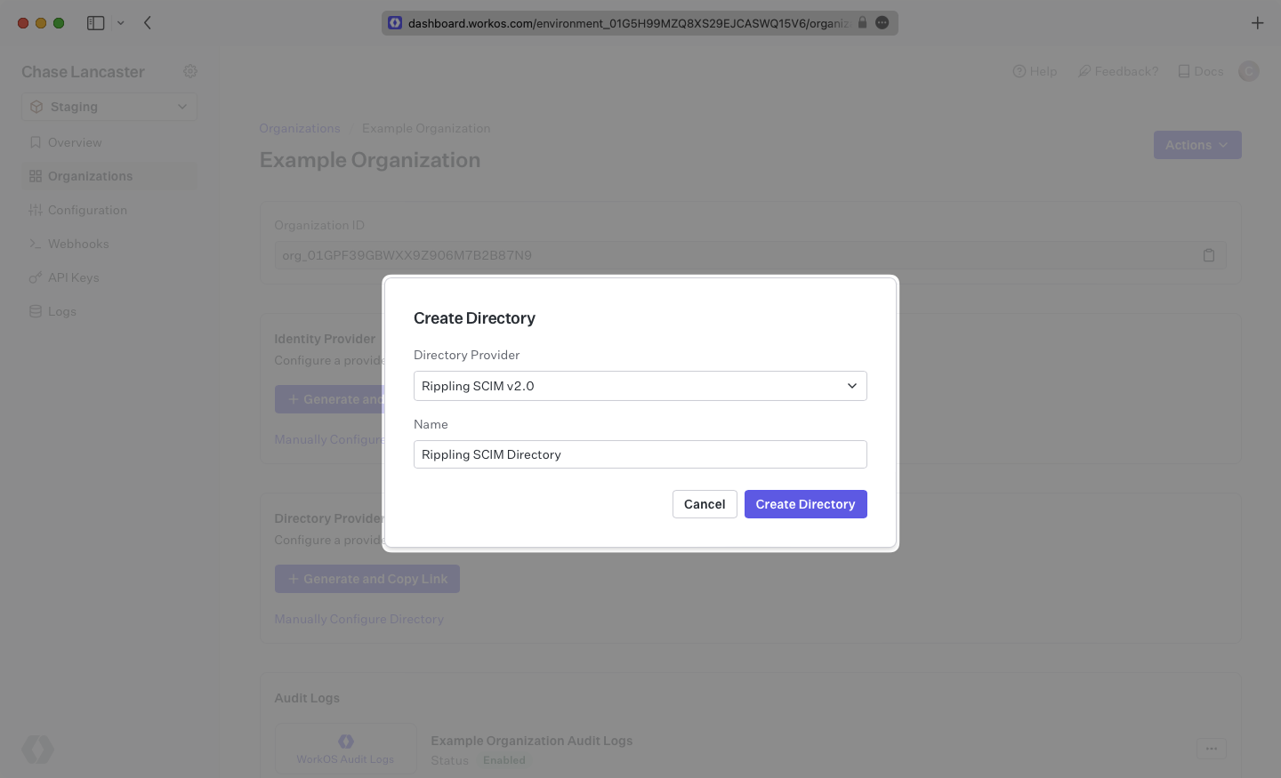 A screenshot showing where to name and create a Rippling Directory in the WorkOS dashboard.