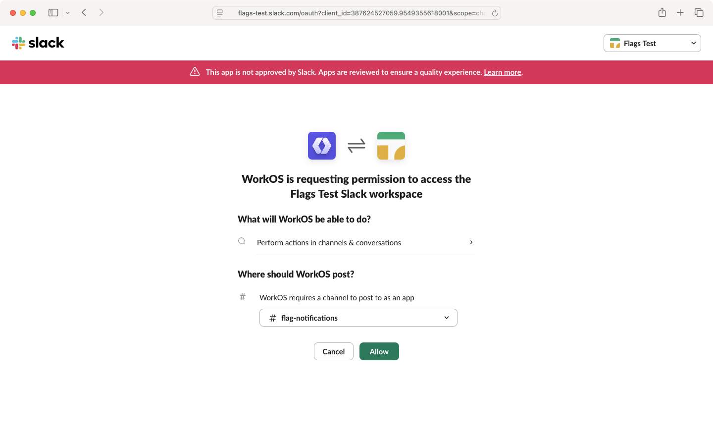 A screenshot showing the Slack installation page