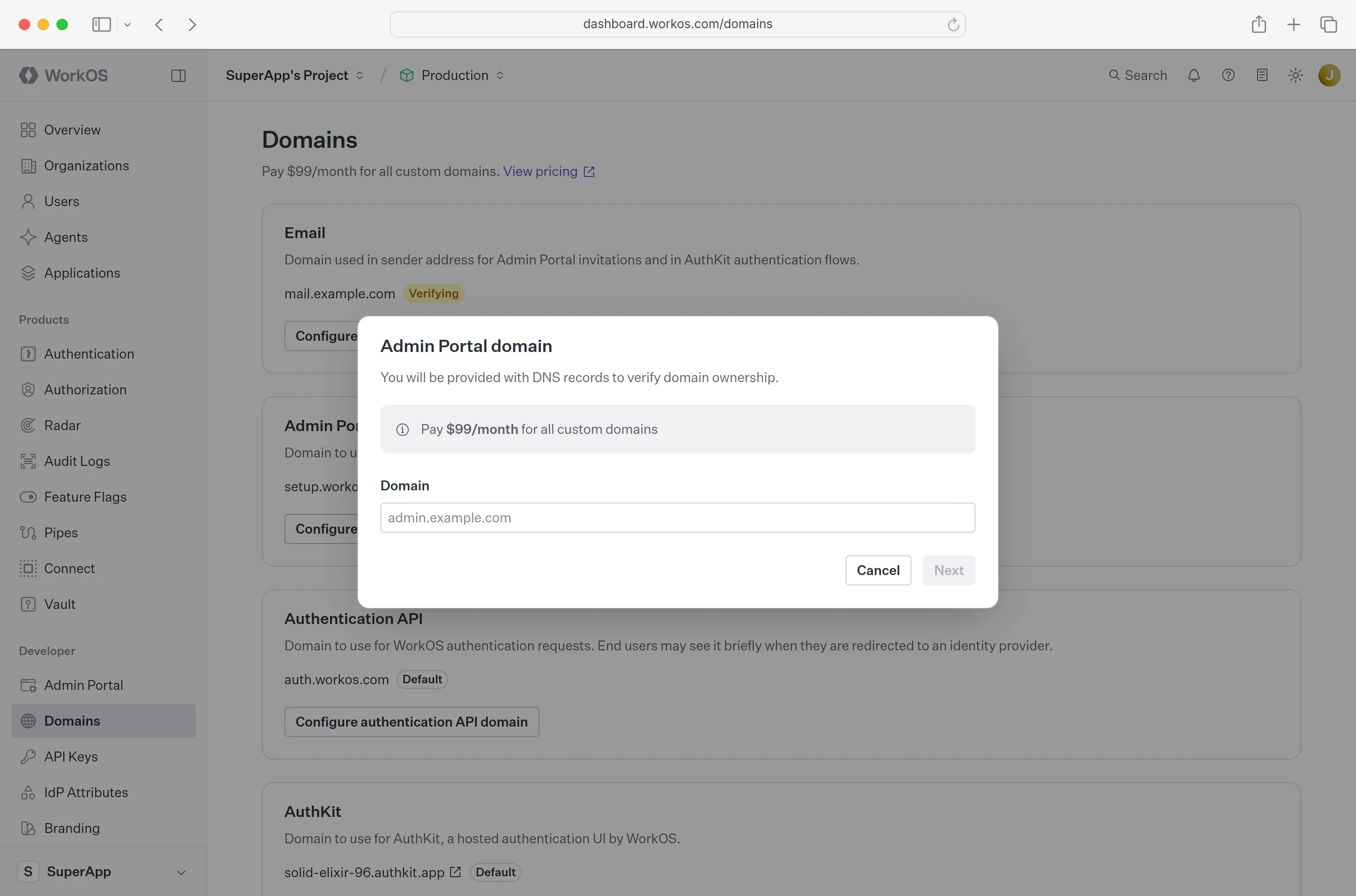 Dashboard displaying a domain entry input