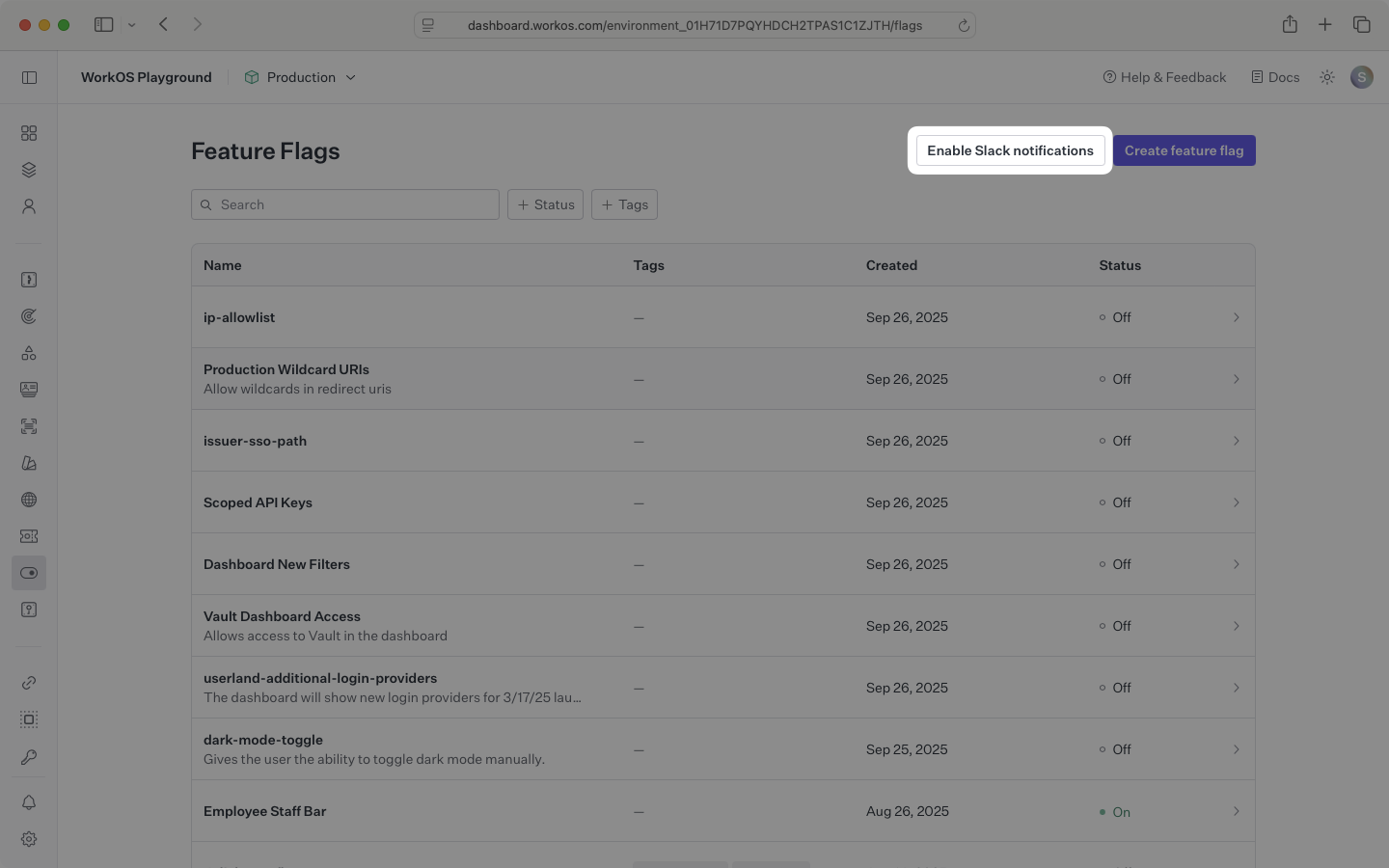 A screenshot showing the WorkOS Dashboard Feature Flags page