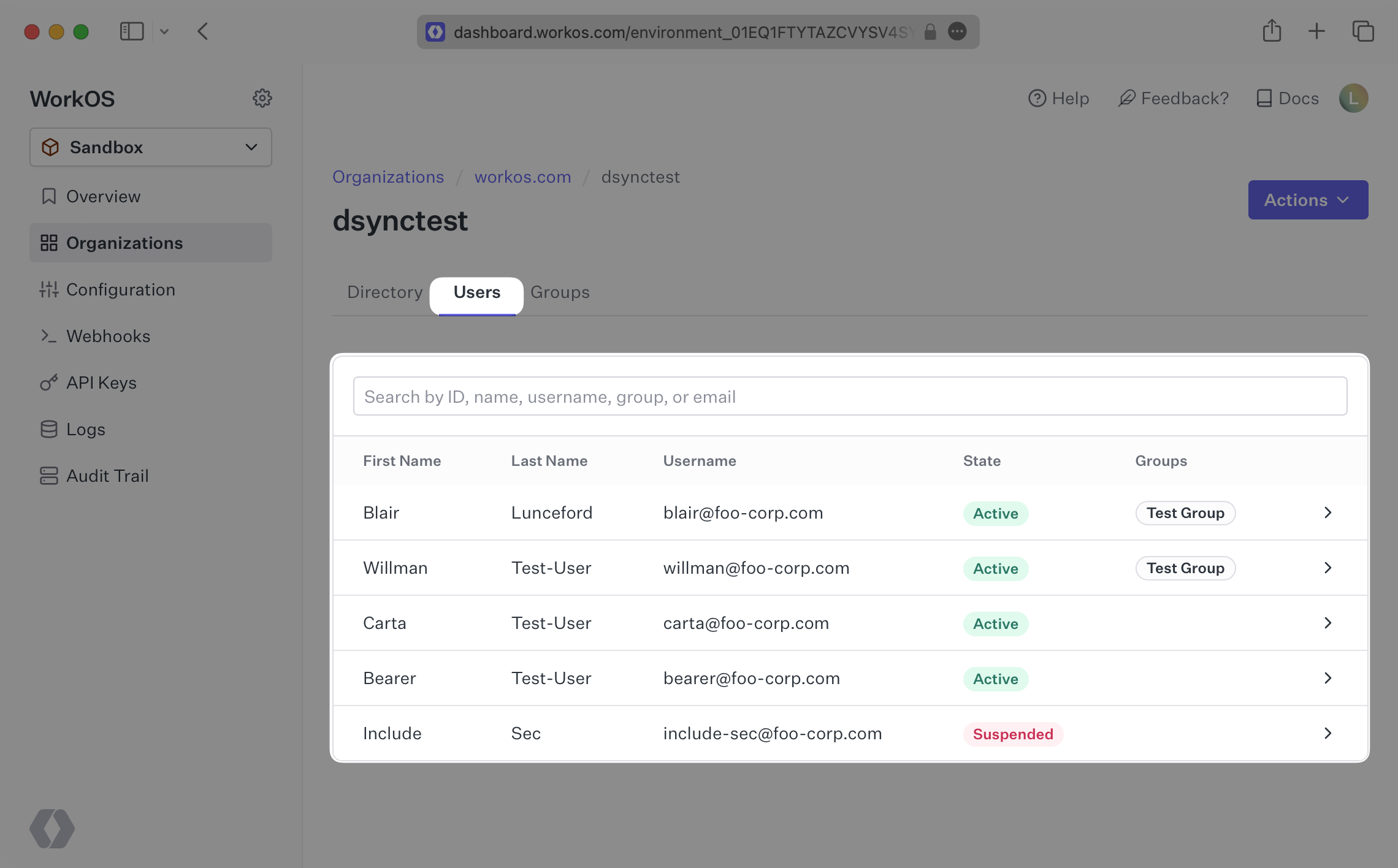 A screenshot showing the "Users" view of a HiBob directory in the WorkOS Dashboard.