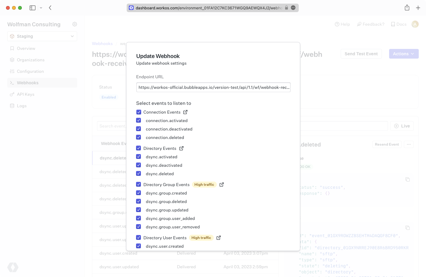 A screenshot showing how to configure a webhook endpoint in the WorkOS dashboard.