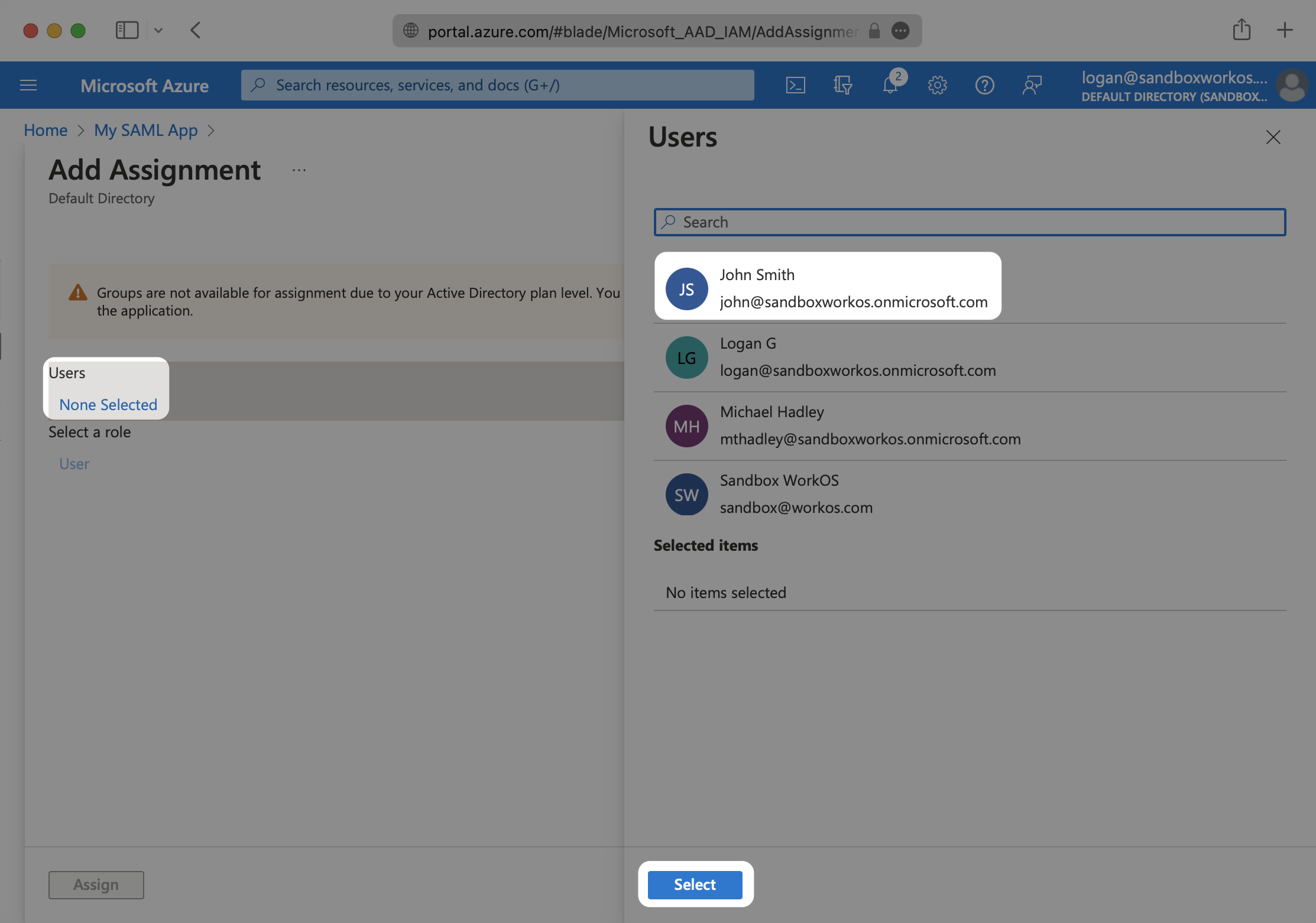 A screenshot showing where to select "None Selected" under "Users and Groups" and add a user in the Azure dashboard.