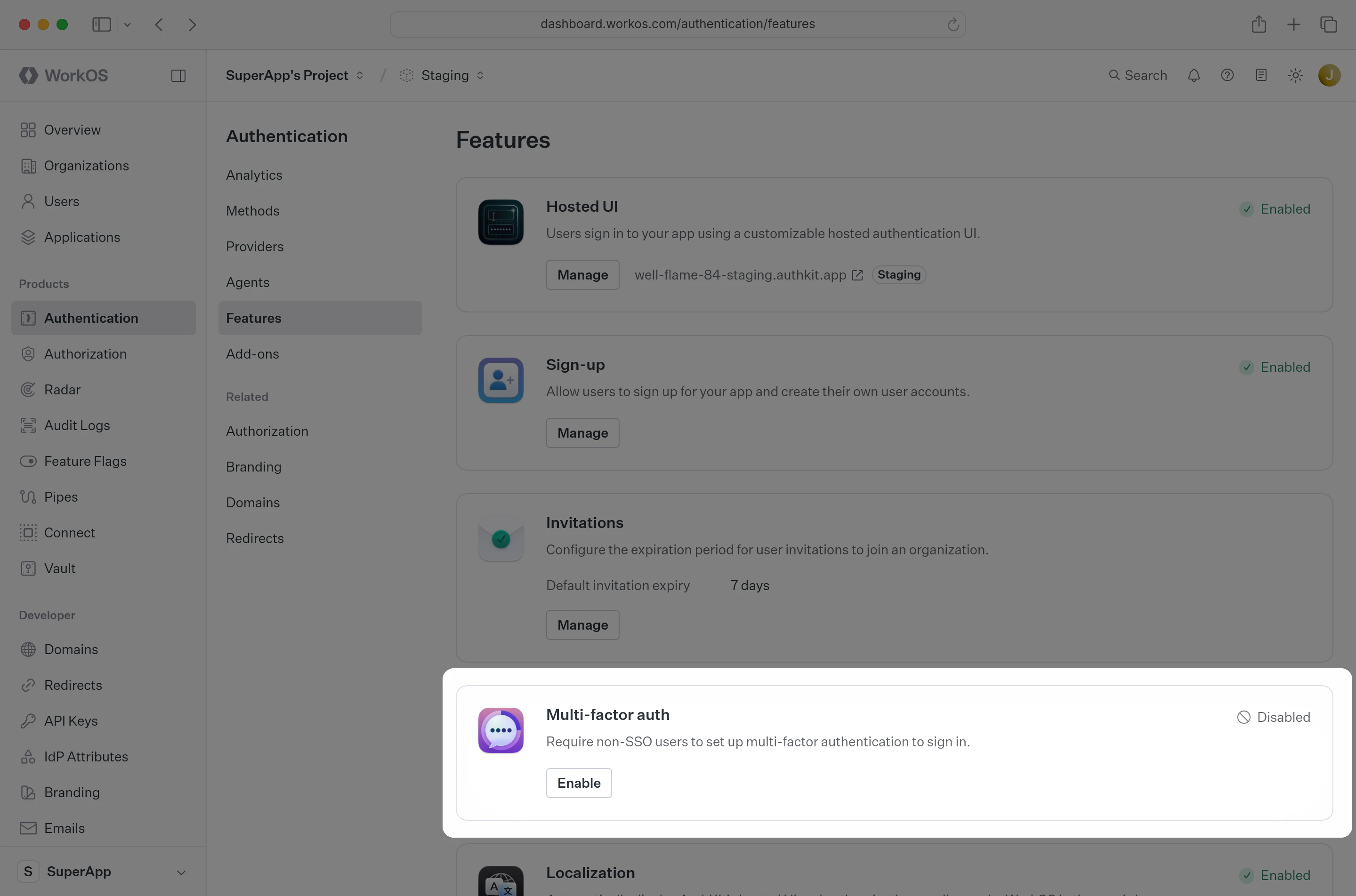 Dashboard showing how to enable MFA