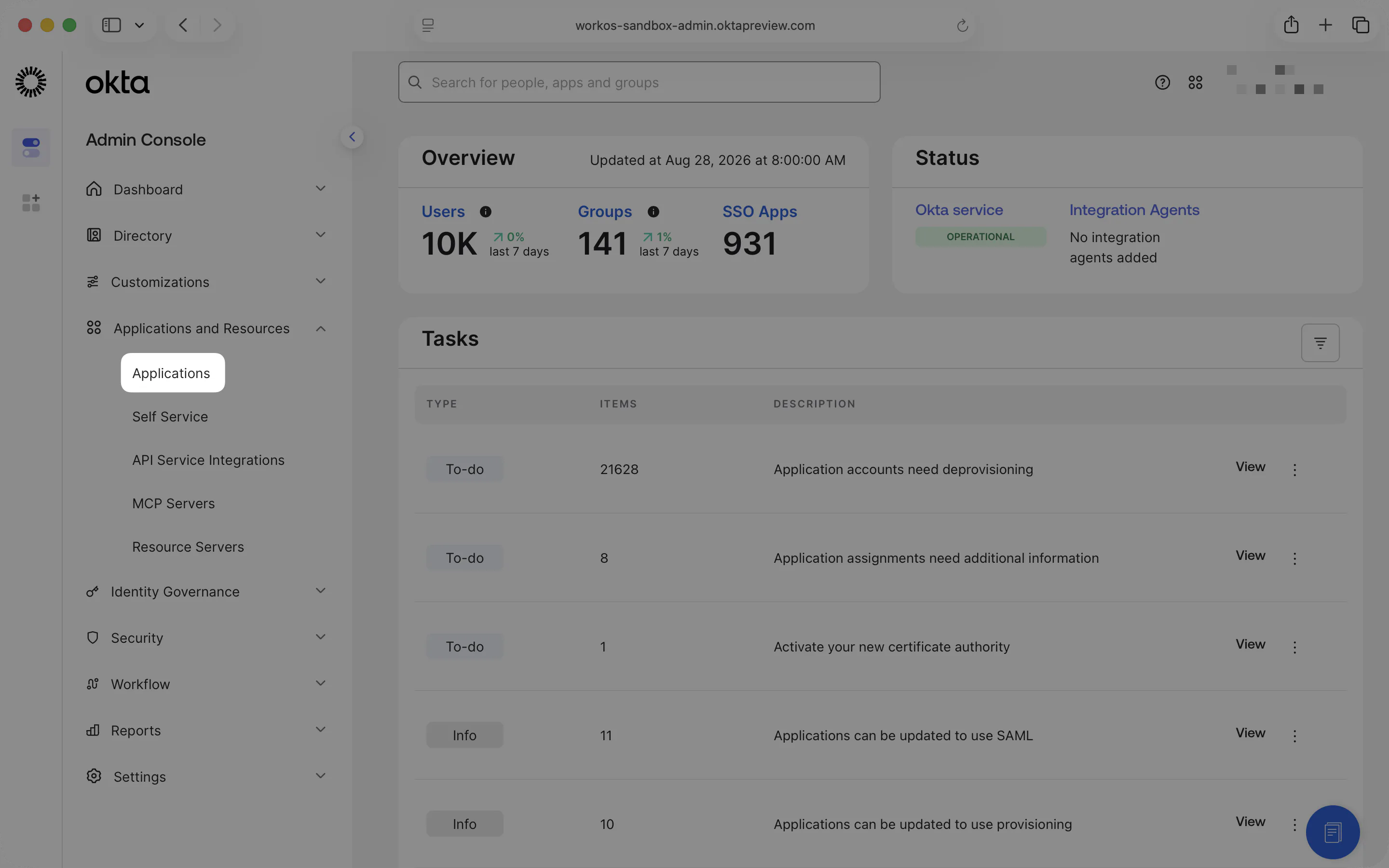 A screenshot showing how to navigate to existing applications in the Okta Dashboard.