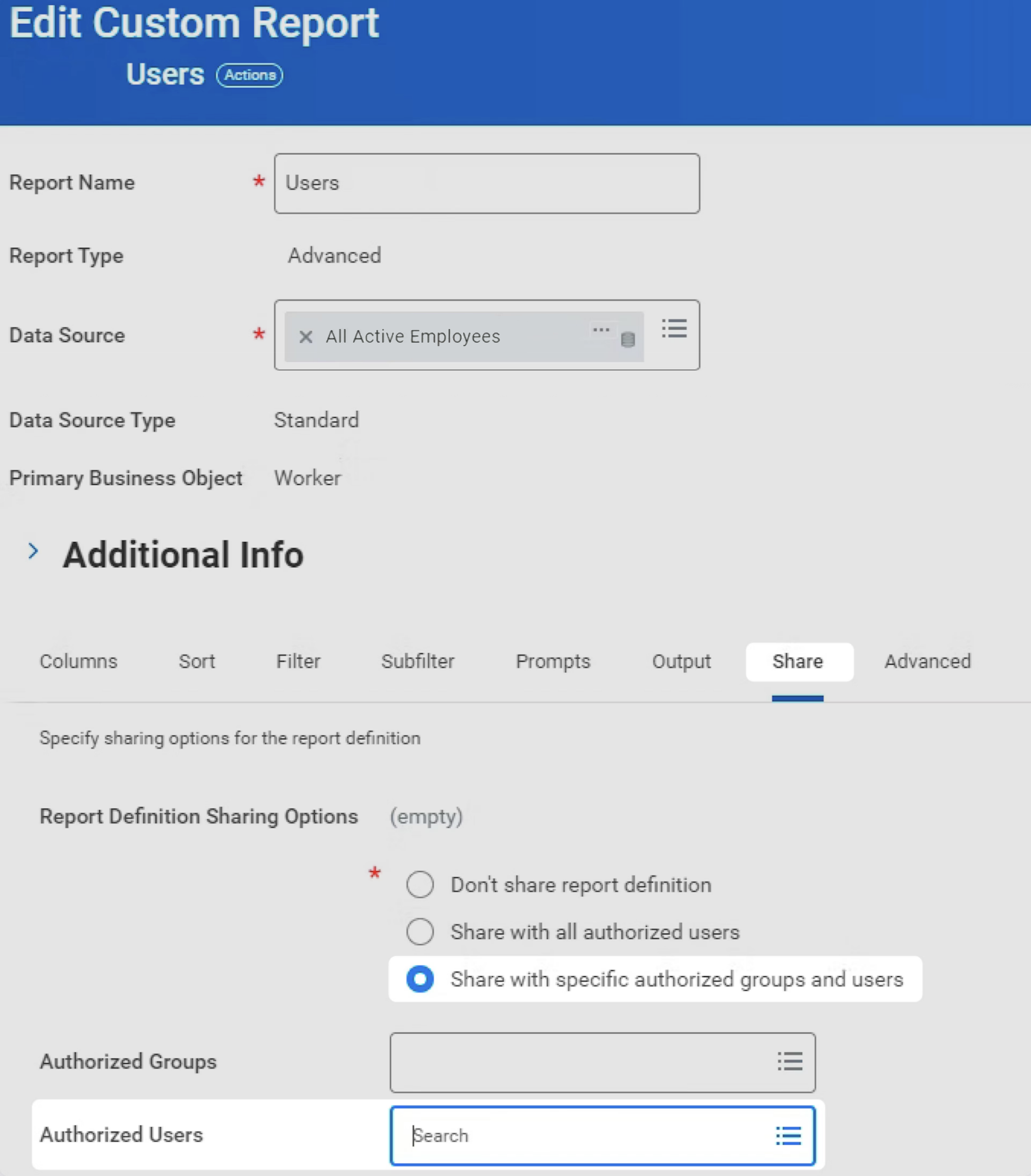 A screenshot showing the "Share" tab in the Workday Dashboard.