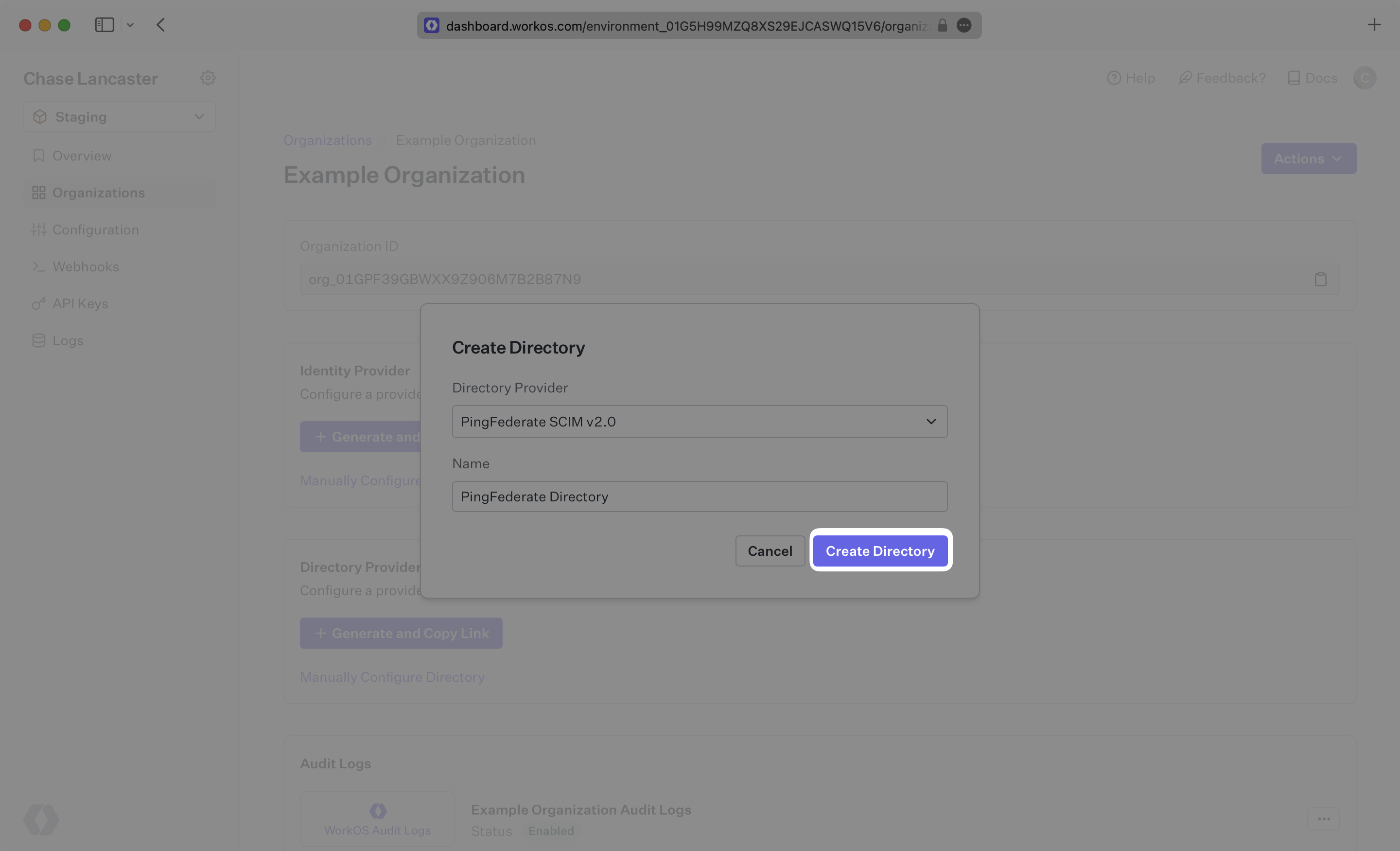 A screenshot showing where to select PingFederate SCIM v2.0 as the Directory Provider in the WorkOS dashboard.