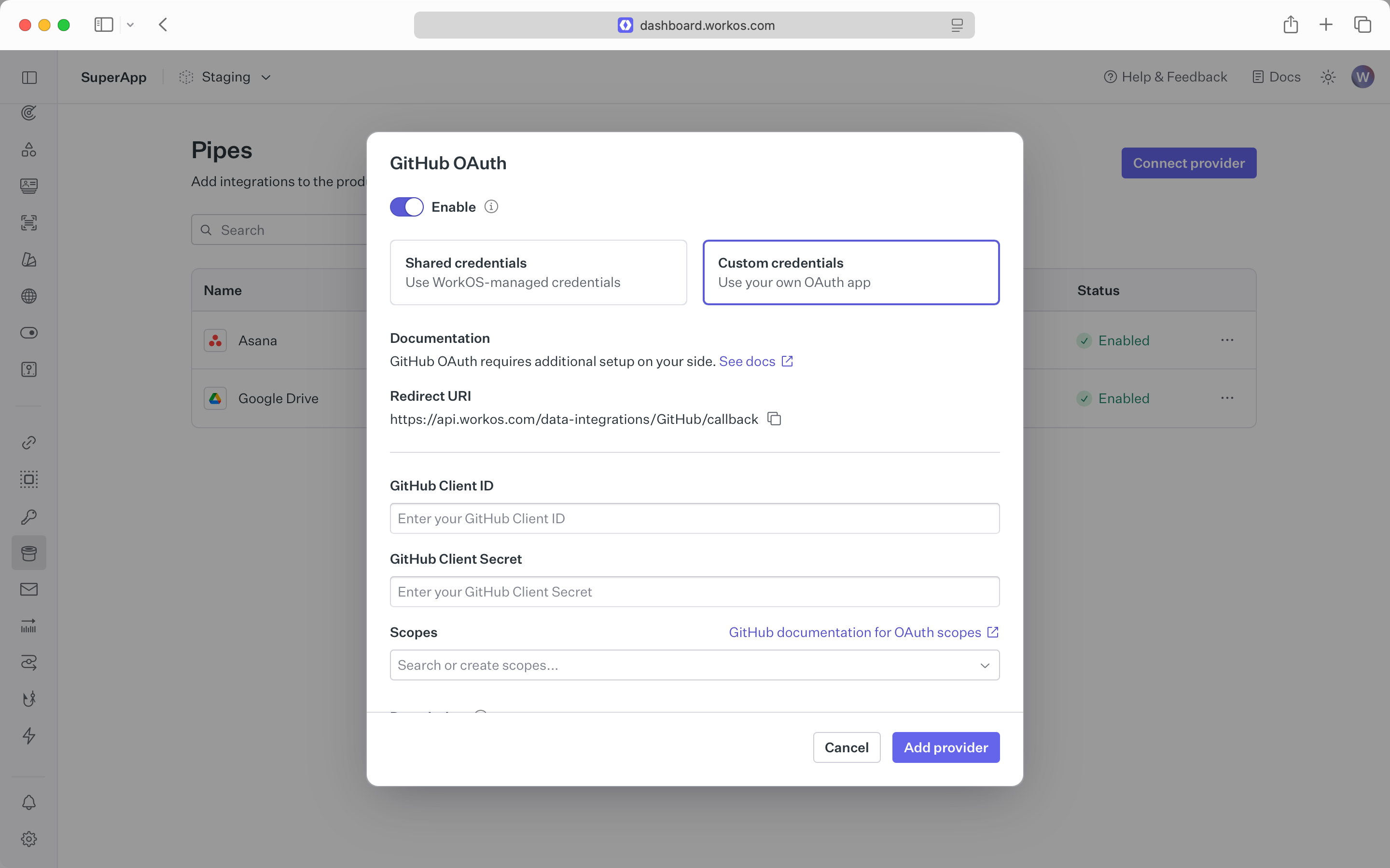 A screenshot of a GitHub provider being configured via the Pipes page in the WorkOS Dashboard