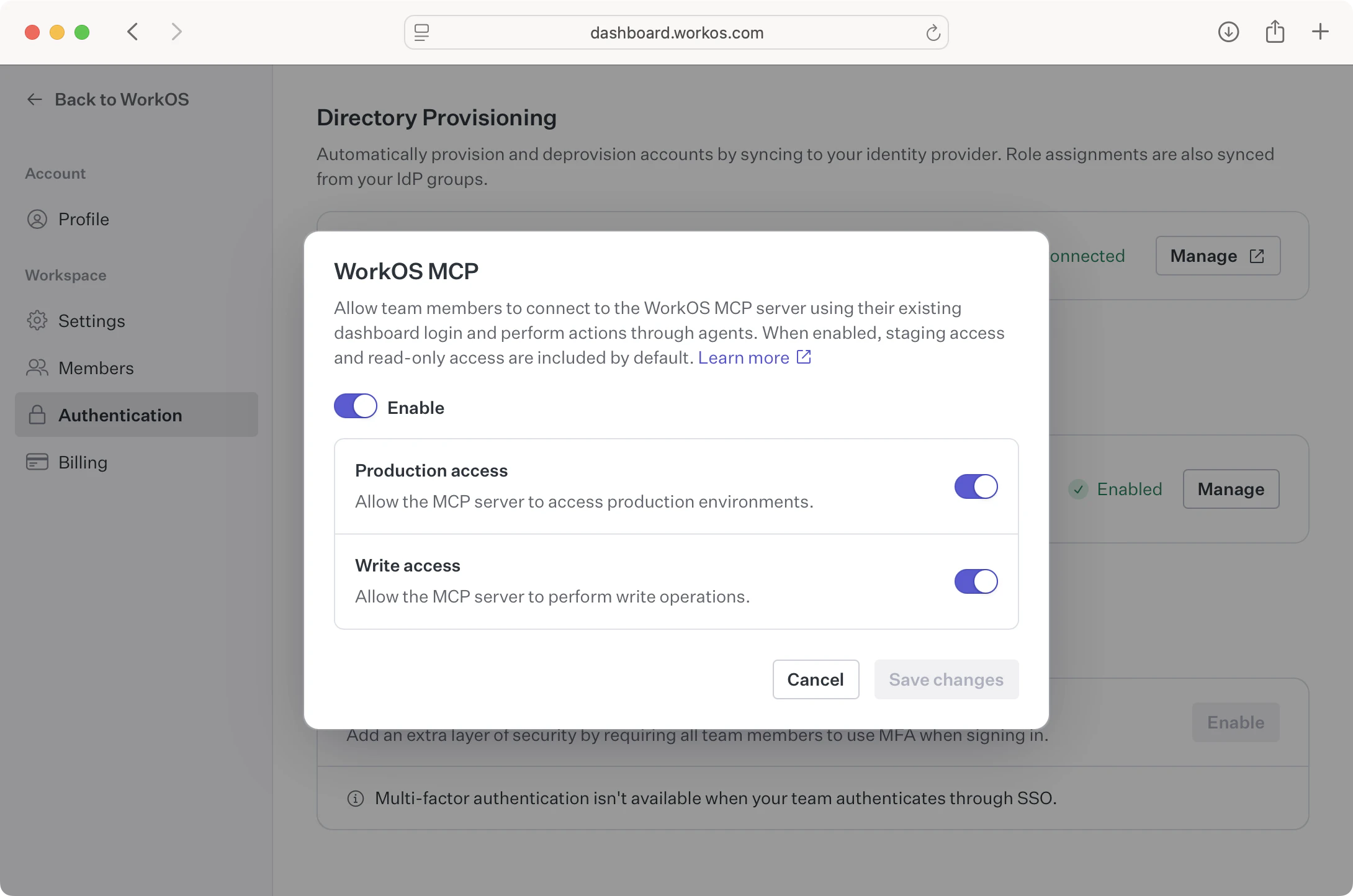 WorkOS MCP admin controls